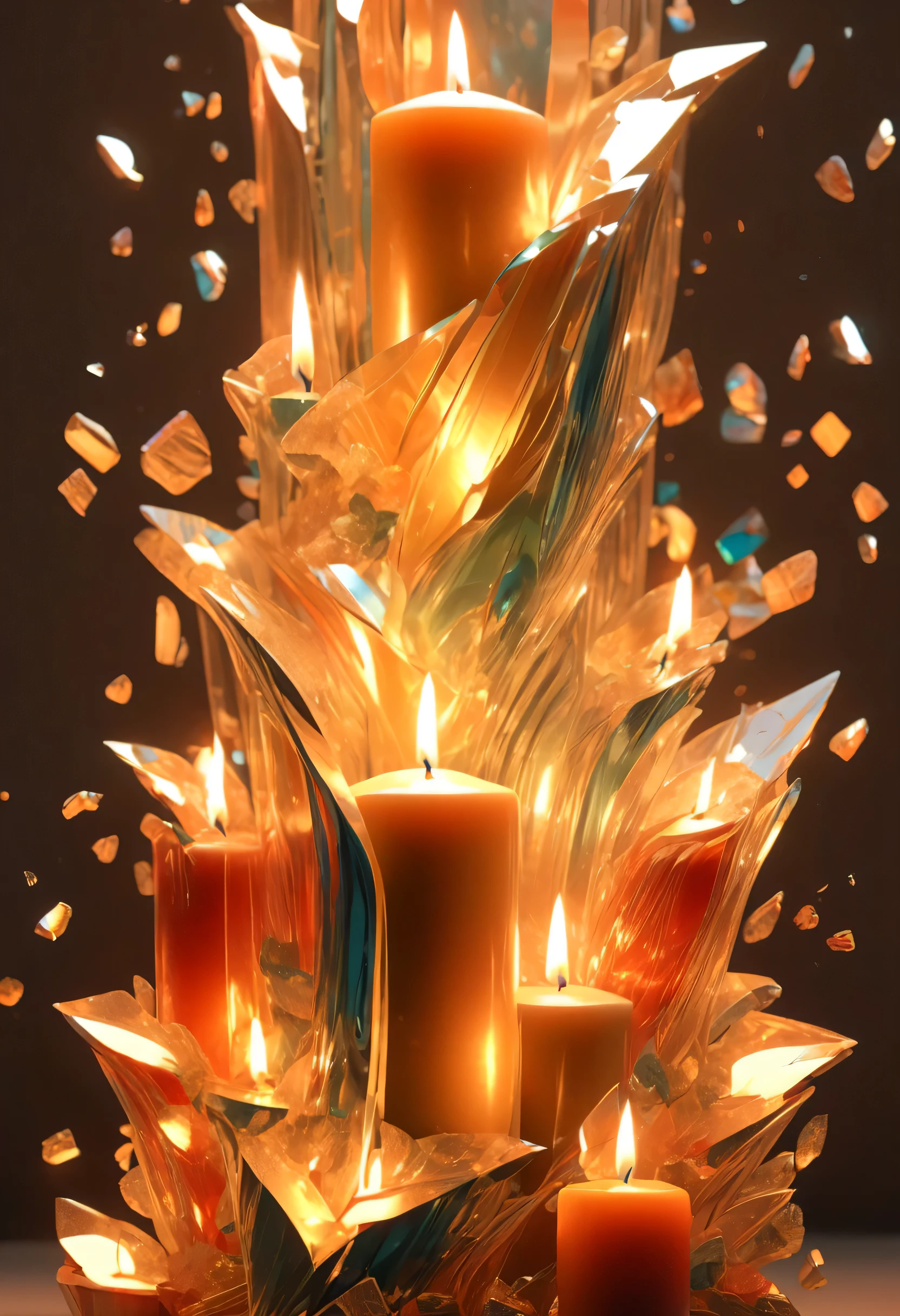 (best quality,4k,8k,high resolution,masterpiece:1.2),Super detailed,(actual,photoactual,photo-actual:1.37),Candlesticks made of broken glass(building,artwork,sculpture,design)，(3d,three dimensional,depth:1.1,actual:0.9)，(irregular,asymmetrical,Unconventional,Unique) shape，(玻璃fragments,fragments,pieces),glowing candle，(flashing,Dance) lamp，(Reflection,shadow) On glass，(transparent,translucent),Multicolored Glass，(sparkling,sparkling的),complex details，(complex,Beautifully)diamond-like pattern，(creativity,Innovation) in design，(texture,crack) On glass，(smooth的,smooth) surface，(charming,enchanting) work，(contrast,balance) Light and darkness，(elegant,complicated) artwork，(dazzling,Thrilling) Visual effect，(ethereal,otherworldly) atmosphere，(artistic,有creativity的) explain，(charming,Enchanting) beauty，(amazing,touching) Craftsmanship，(harmonious,Unite) number of elements。