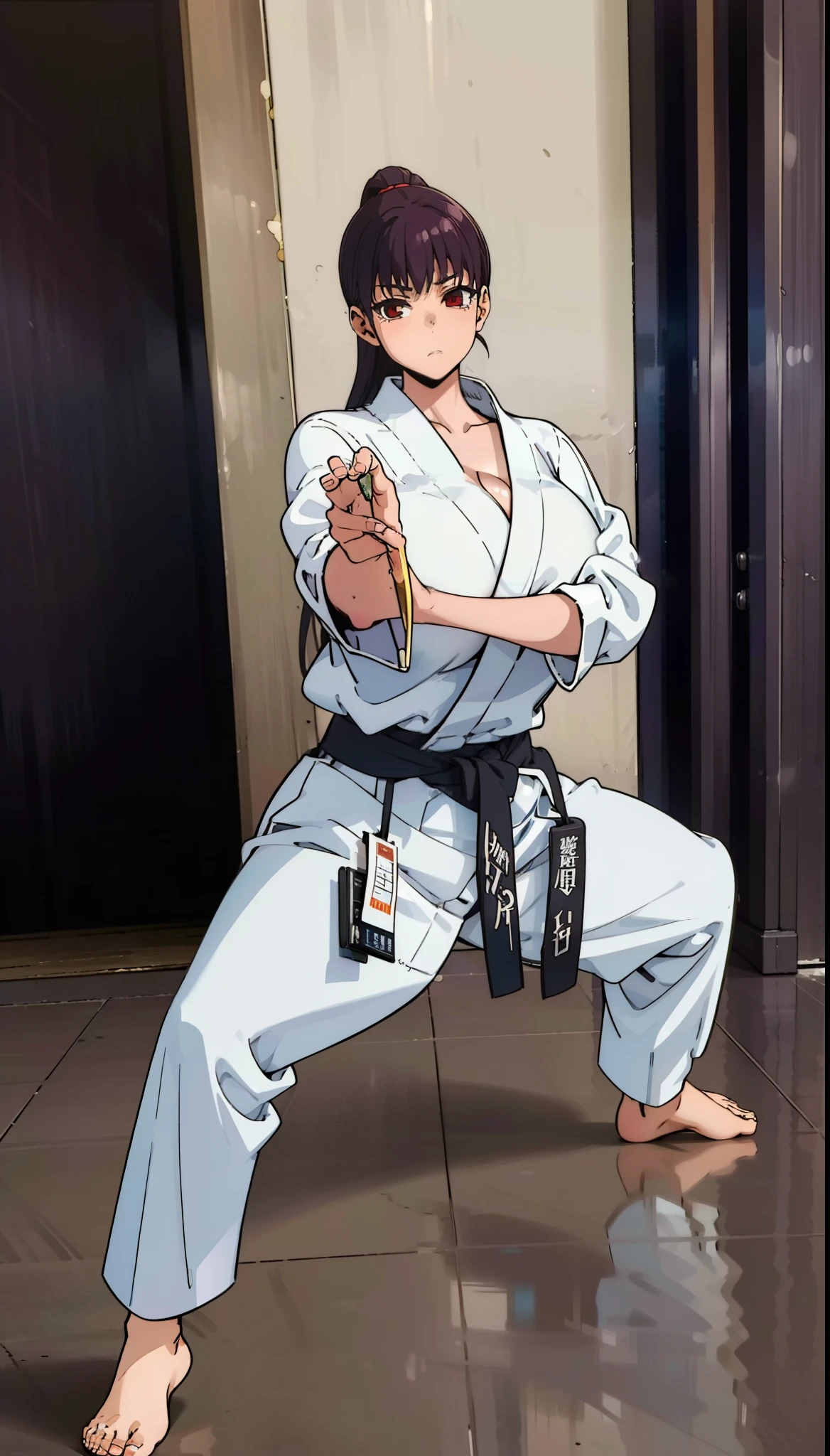 1girl, a pretty girl in a karate practice room, with a karate uniform, judo, sana sunomiya, long hair, masterpiece, big tits, cleavage, full body, barefoot, Long hair, red eyes, Combat Pose, from Above, martial art, stunning body. Huge tits