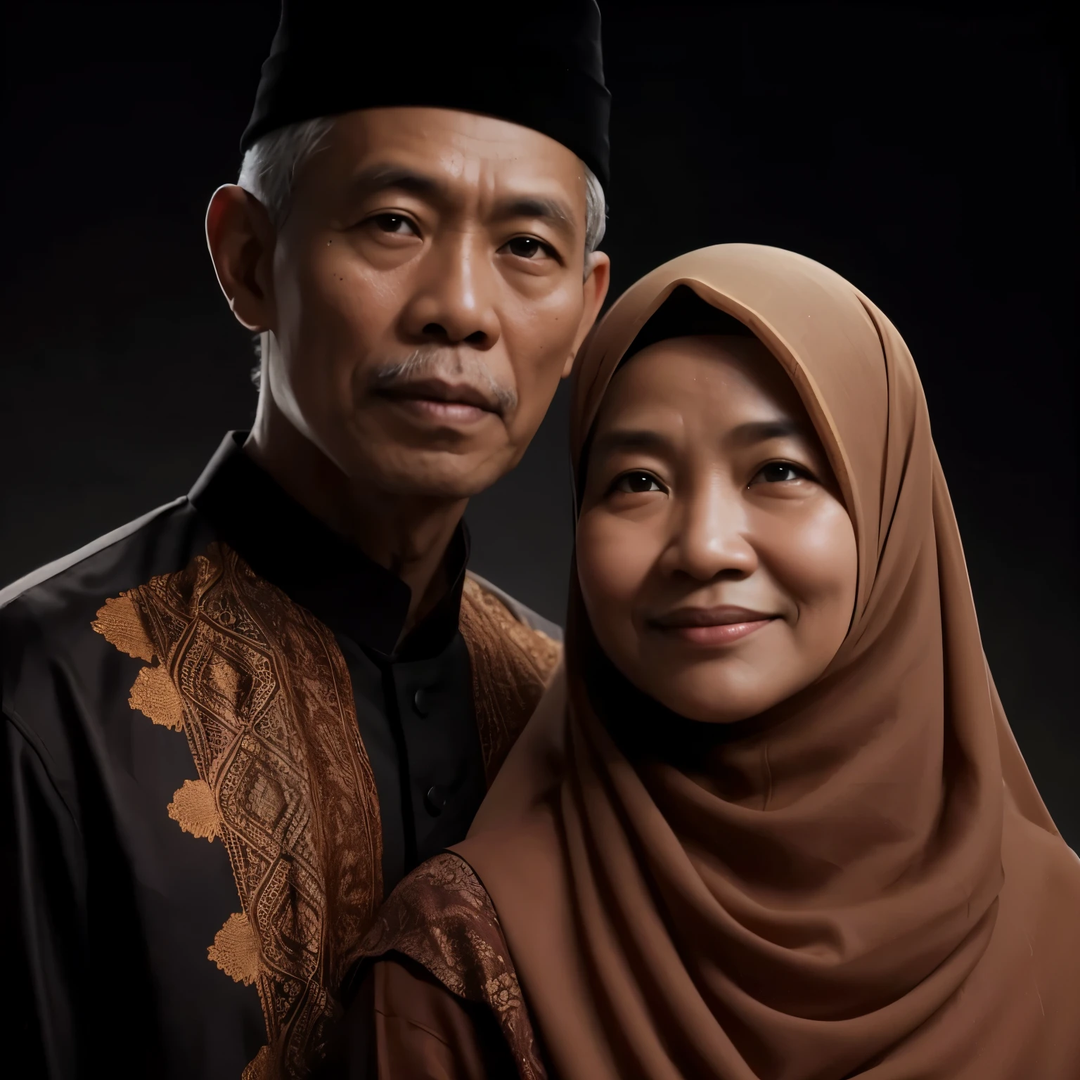 half body studio photo, a 50 year old Indonesian man with a clean face wearing a black songkok with a 50 year old woman wearing a hijab, wearing a simple brown Muslim batik, looking intimate, matte black background with white light, professional photography, ultra HD, hyper realistic, very detail, photographed using a SONY EOS 7iii camera, --35mm, --F/1.4. Make them both a little thinner.