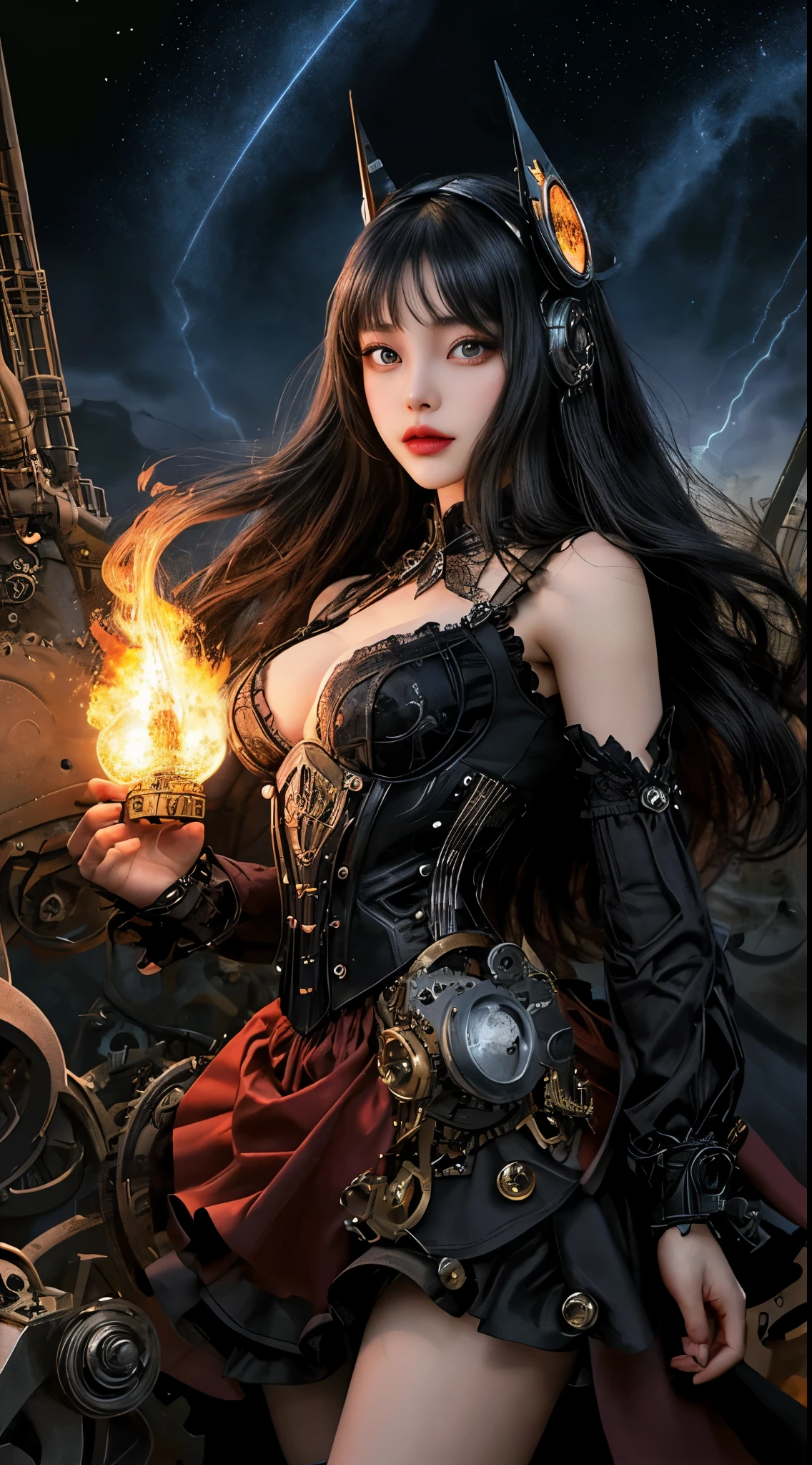 Mechanical doll magical girl, female, , very dynamic action pose, UHD, retina, masterpiece, anatomically correct, skin texture, super detailed, highly detailed, high quality, award winning, top quality, 16K, thick bangs, beautiful long black hair curled vertically and heavily disheveled in the wind, slit eyes, very large crescent-shaped eyes, very large dark gray eyes shining like jewels, long eyelashes, very thin little nose, very small mouth, very thin upper lip, light colored natural makeup, very slender and attractive body, (complex mechanical steampunk headgear, black lace flared skirt, complex mechanical overdecorated gothic lolita fashion combined with steampunk fashion), upturned very small beautiful breasts, (exploding flames in the background). (complex mechanic factory, lots of gears, lots of piping, lightning filled space sky), create highly detailed and realistic images, (super detailed background), (dark mysterious: 1. 2),