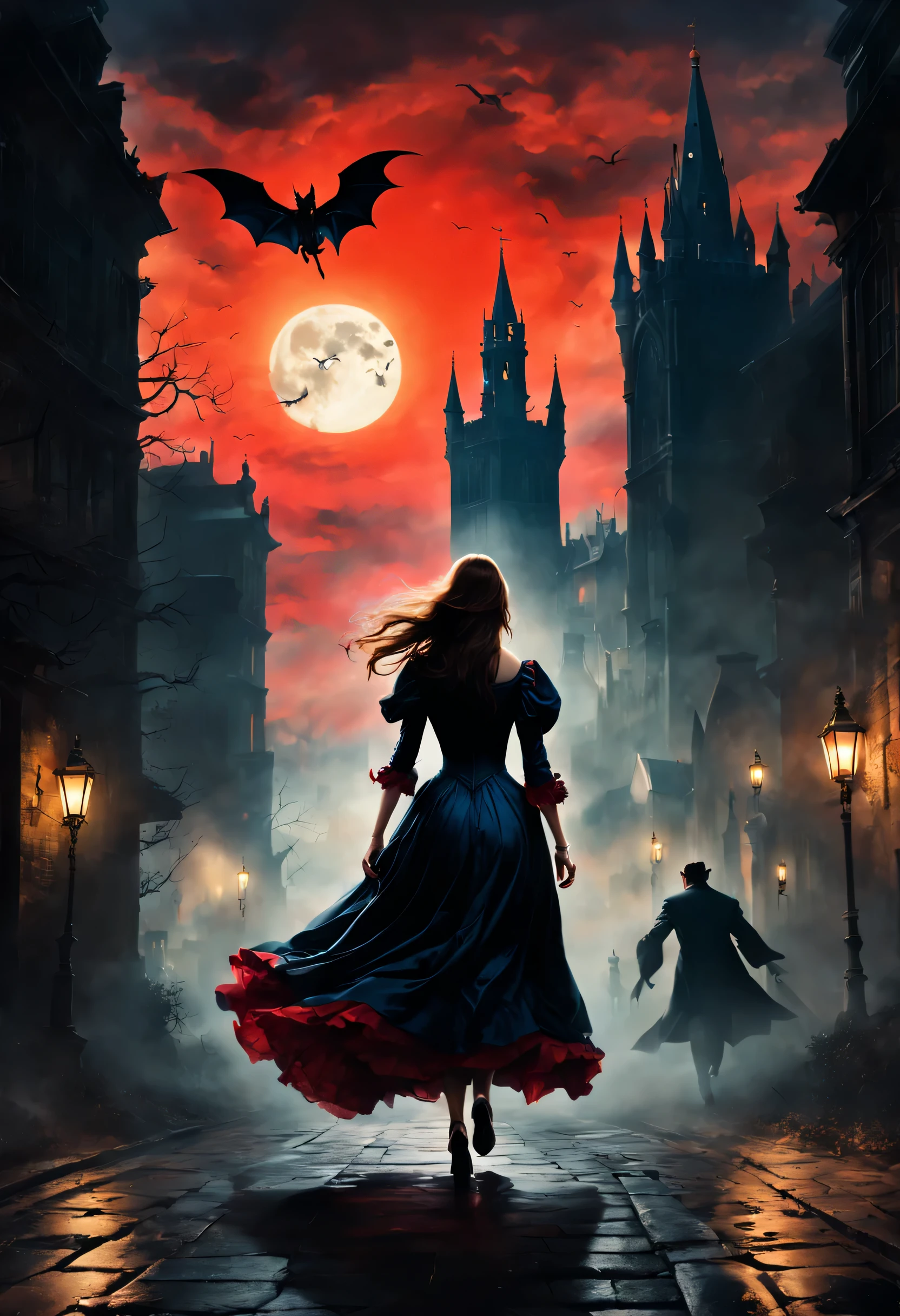 London:night:16th century,eerie atmosphere,Cityscape overlooking the bell tower,月night,A woman wearing a dress running away:Rear view,Count Dracula chasing:Rear view,A scene from a movie,movie poster,she was attacked by a vampire,He was forced to run away on purpose to enjoy the hunt..,the future is hopeless,Will God abandon her??,Photos that excite the viewer,masterpiece,be familiar with,rich colors,dramatic,colorful,dream-like,red moon and bats