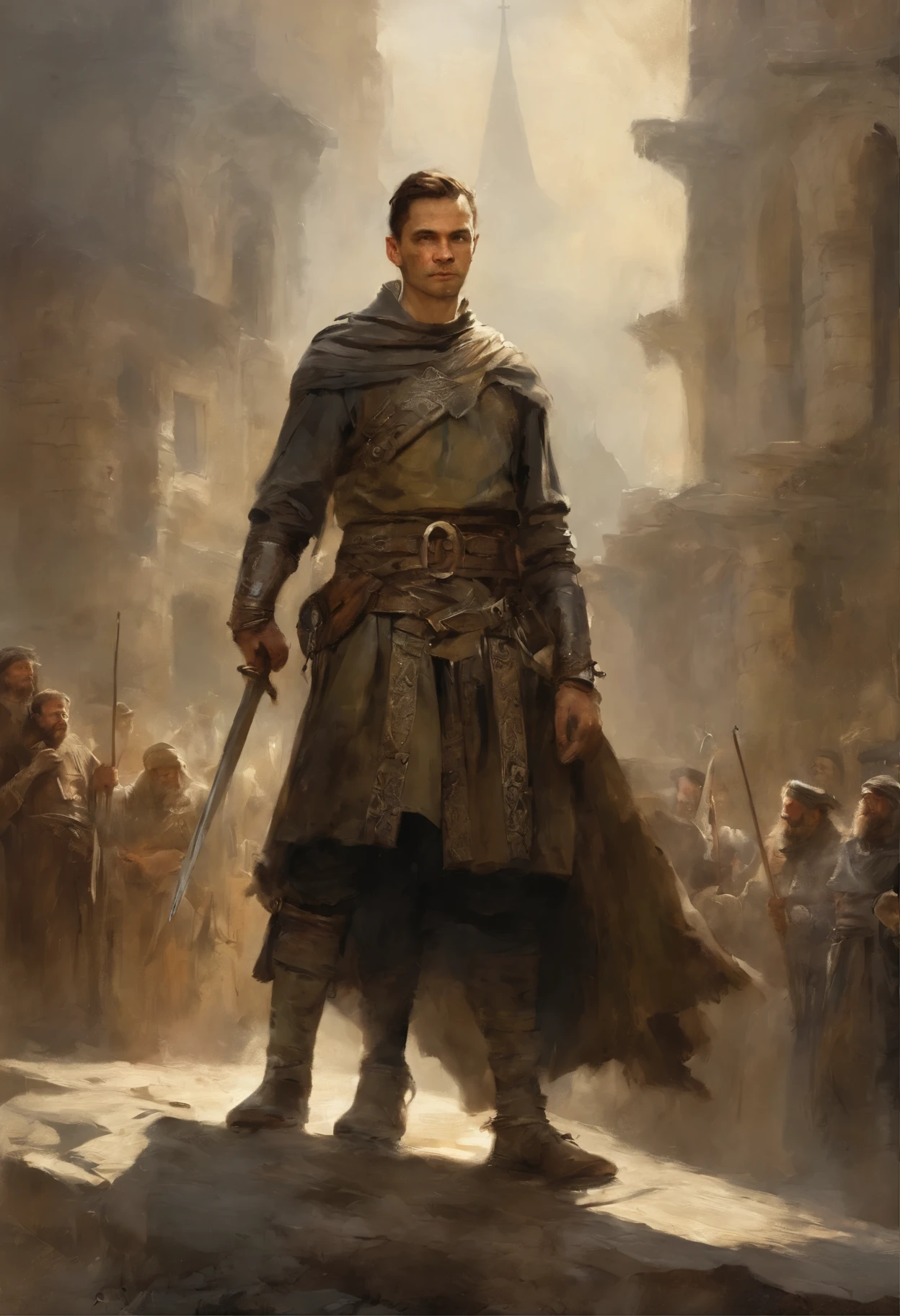 a crowd cheering for a 15 yers old young man in medieval clothes who is raising a sword in a sunny day, church in background. Dramatic lighting, volumetric lighting, epic illustration. Art by Yoji Shinkawa, symmetric circular iris, approaching perfection, pure form, minimalistic, isometric, concept art by Brian Froud, by Carne Griffiths, by Wadim Kashin, by John William Waterhouse, intricate details, 8k post production, high resolution, TanvirTamim, hyperdetailed, trending on artstation, sharp focus, studio photo, intricate details, highly detailed, by greg rutkowski