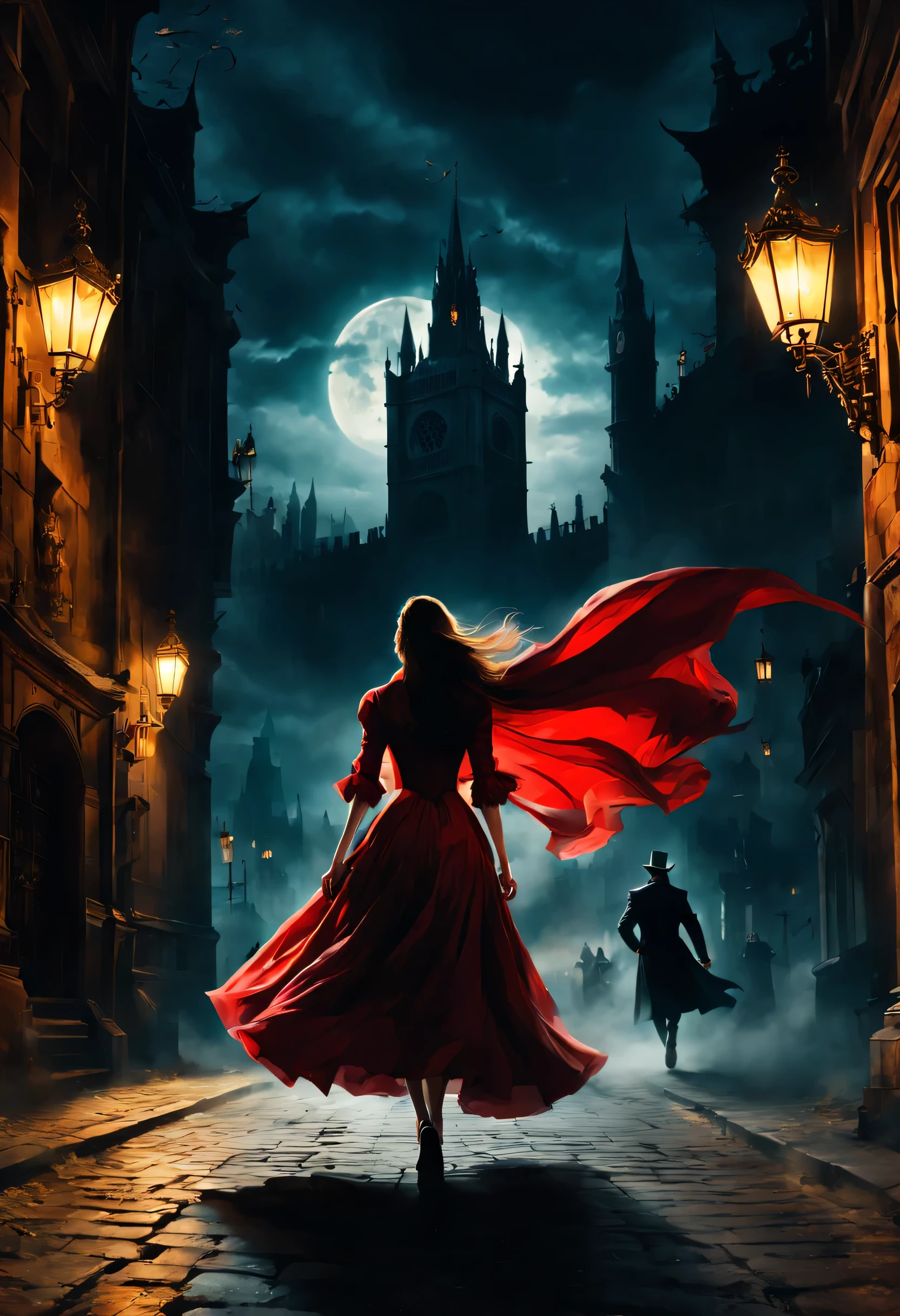 London:night:16th century,eerie atmosphere,Cityscape overlooking the bell tower,月night,A woman wearing a dress running away:Rear view,Count Dracula chasing:Rear view,A scene from a movie,movie poster,she was attacked by a vampire,He was forced to run away on purpose to enjoy the hunt..,the future is hopeless,Will God abandon her??,Photos that excite the viewer,masterpiece,be familiar with,rich colors,dramatic,colorful,dream-like,red moon and bats