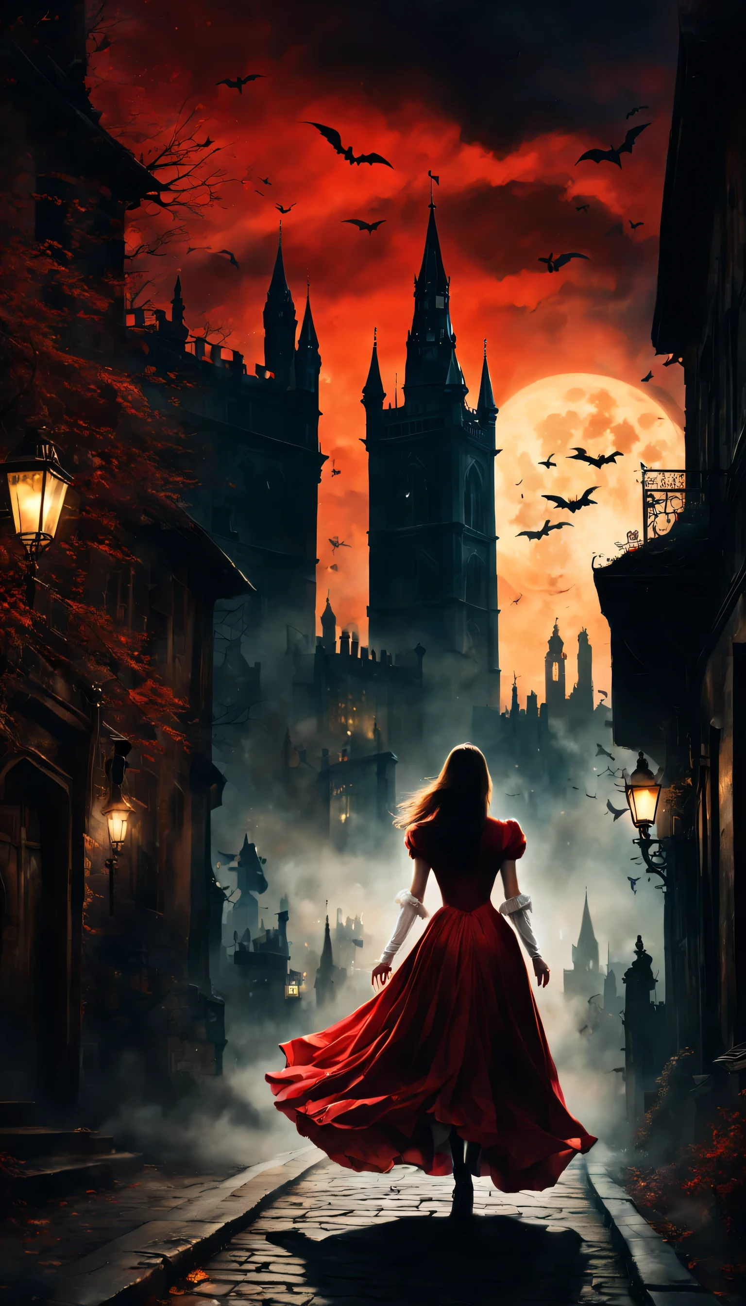 London:night:16th century,eerie atmosphere,Cityscape overlooking the bell tower,月night,A woman wearing a dress running away:Rear view,Count Dracula chasing:Rear view,A scene from a movie,movie poster,she was attacked by a vampire,He was forced to run away on purpose to enjoy the hunt..,the future is hopeless,Will God abandon her??,Photos that excite the viewer,masterpiece,be familiar with,rich colors,dramatic,colorful,dream-like,red moon and bats