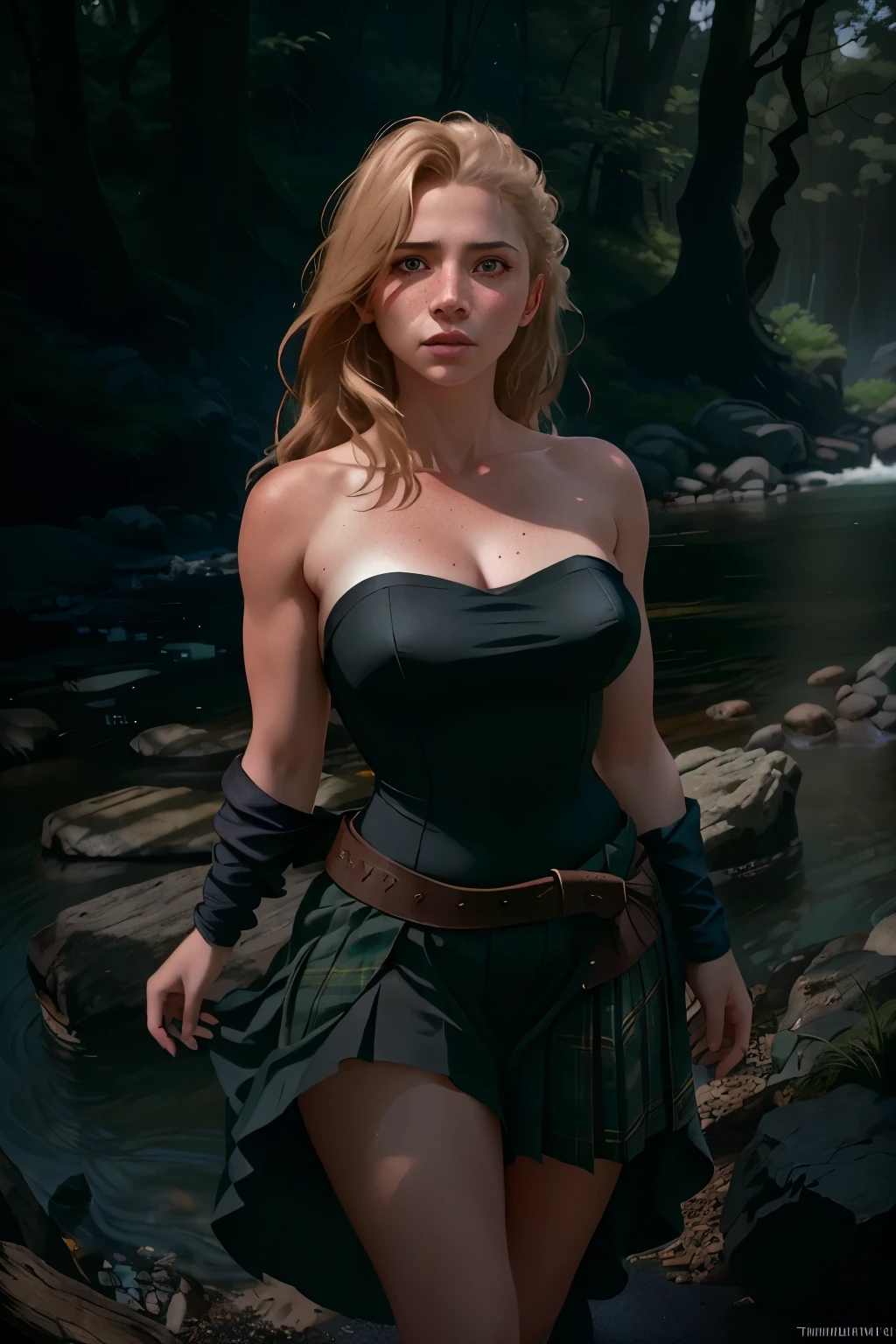 deep shadow, sinister, award winning photo, best quality, masterpiece, upper body, woman, freckled face, windblown blonde hair, emerald eyes, modern strapless dress by Jeremy Lipking, by Antonio J. Manzanedo, by lee jeffries nikon d850 film stock photograph 4 kodak portra 400 camera f1.6 lens rich colors hyper realistic lifelike texture dramatic lighting unreal engine trending on artstation cinestill 800, fisheye lens, Style-Kilt, windy beach, scottish loch, forest