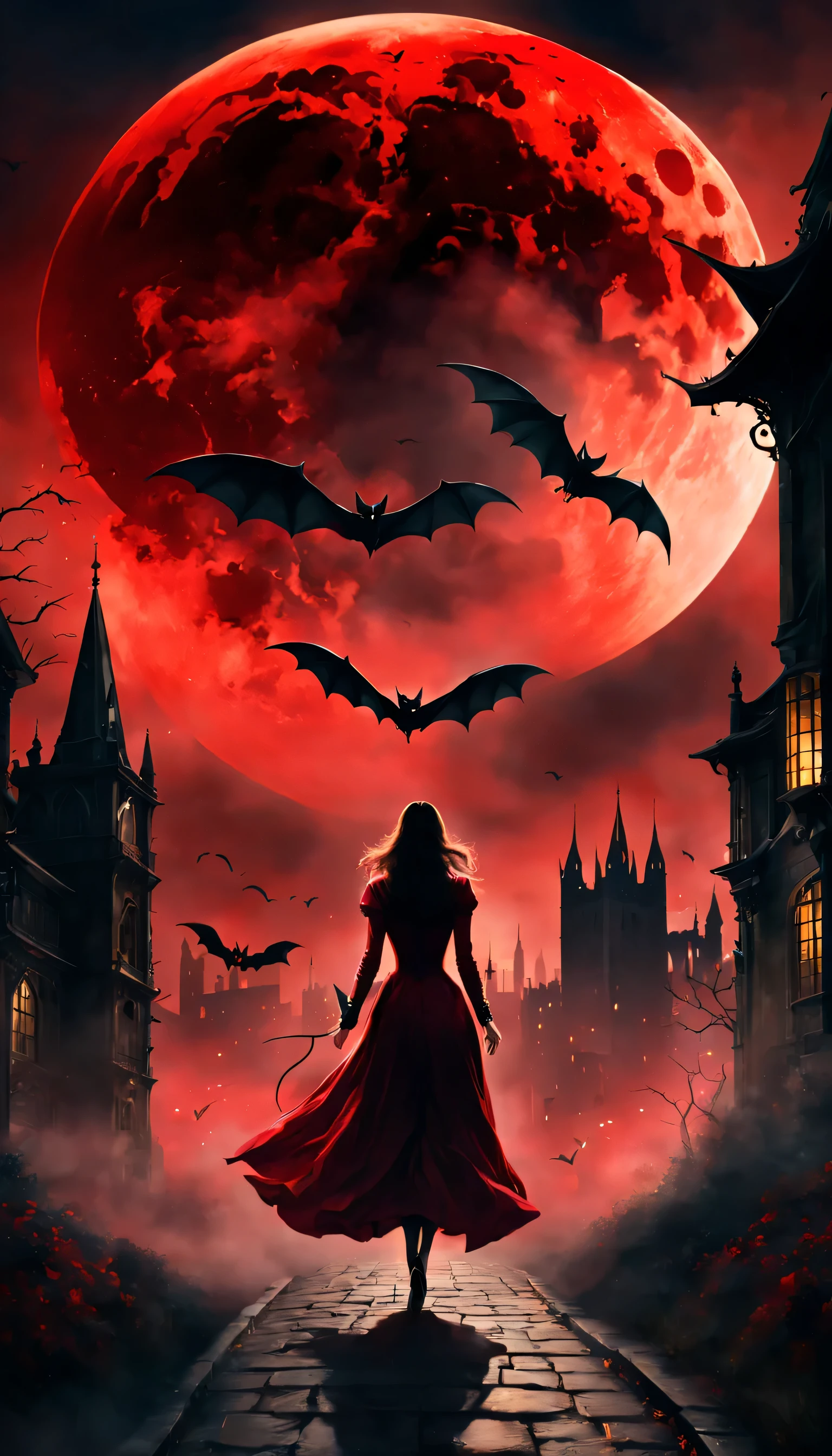 London:night:16th century,eerie atmosphere,Cityscape overlooking the bell tower,月night,A woman wearing a dress running away:Rear view,Count Dracula chasing:Rear view,A scene from a movie,movie poster,she was attacked by a vampire,He was forced to run away on purpose to enjoy the hunt..,the future is hopeless,Will God abandon her??,Photos that excite the viewer,masterpiece,be familiar with,rich colors,dramatic,colorful,dream-like,red moon and bats