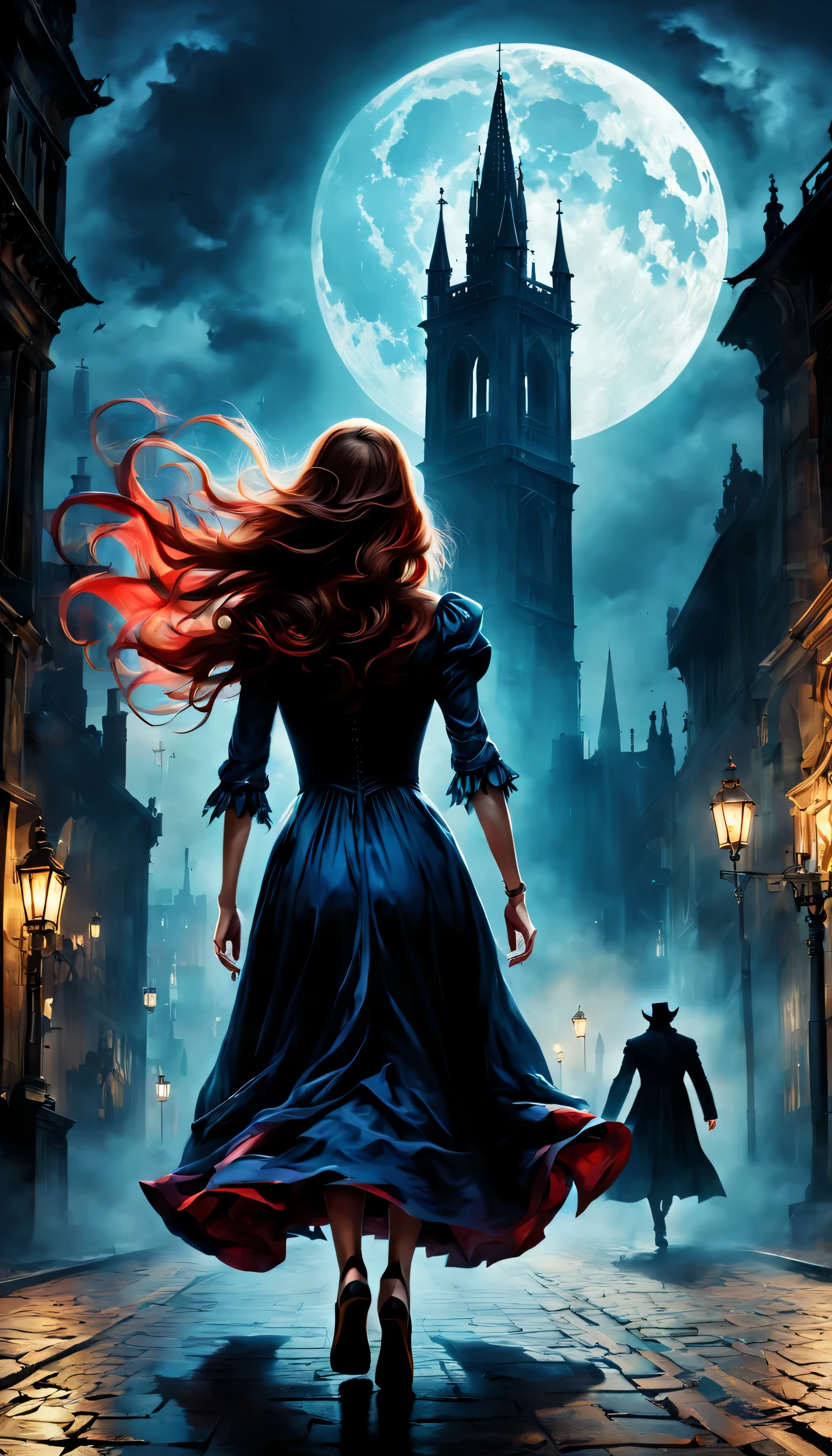 London:night:16th century,eerie atmosphere,Cityscape overlooking the bell tower,月night,A woman wearing a dress running away:Rear view,Count Dracula chasing:Rear view,A scene from a movie,movie poster,she was attacked by a vampire,He was forced to run away on purpose to enjoy the hunt..,the future is hopeless,Will God abandon her??,Photos that excite the viewer,masterpiece,be familiar with,rich colors,dramatic,colorful,dream-like,red moon and bats