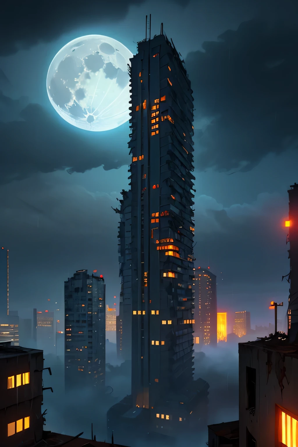 View from window. old abandoned mega city. technoir. Neonoir. Apartment blocks, monster buildings. Urbam slam. Post apocalyptic environment. ruined tall buildings in the foreground. rain, fog, night, dark. Full Moon. Urban Hell.