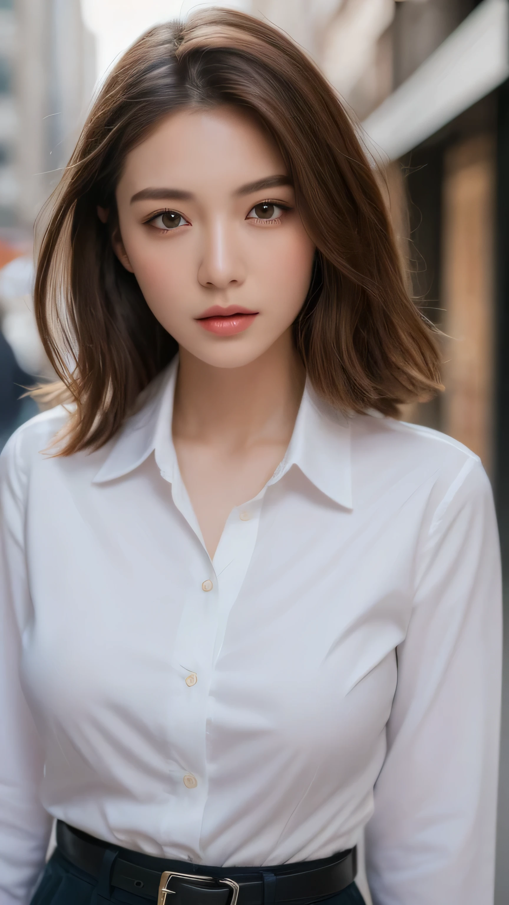 ((highest quality, 8k, masterpiece :1.3)), sharp focus :1.2, beautiful woman with perfect figure :1.4, thin abs :1.2, ((dark brown hair, big breasts :1.2)), (white button up long shirt :1.1), city street:1.2, Highly detailed face and skin texture, fine eyes, double eyelid