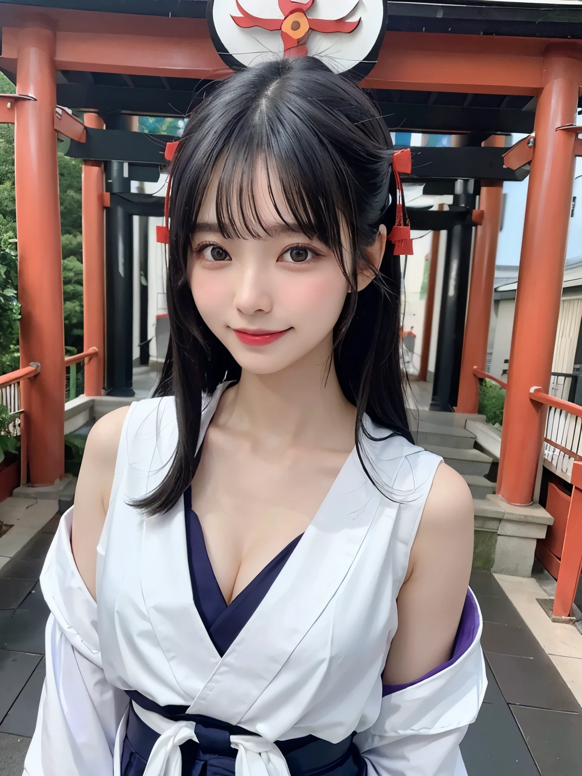 highest quality、8K、ultra high resolution、Super detailed face and eyes、Highly detailed face and skin texture、glowing skin、shiny skin、master piece:1.3、1 girl、A beautiful woman with slim abs as an accent:1.3、super detail face、delicate eyes、double eyelid、full shot、20-year-old、smile with teeth showing、A sluggish smile、((black hair、dark blue hair))、long hair、straight hair、((shrine maiden、shrine maiden服、shrine、white clothes、Purple Hakama、torii))、Super exposed cleavage、show your shoulders