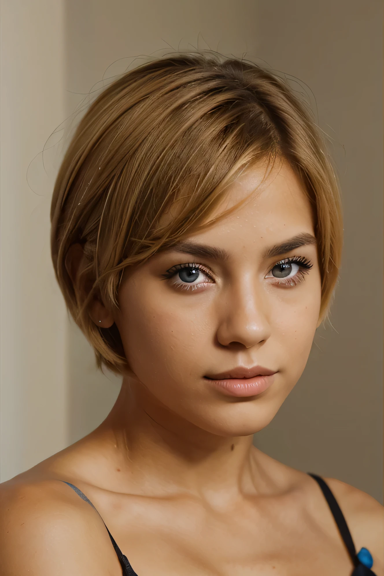 colse up portait of25 year old hispanic woman with short blond hair and blue eyes