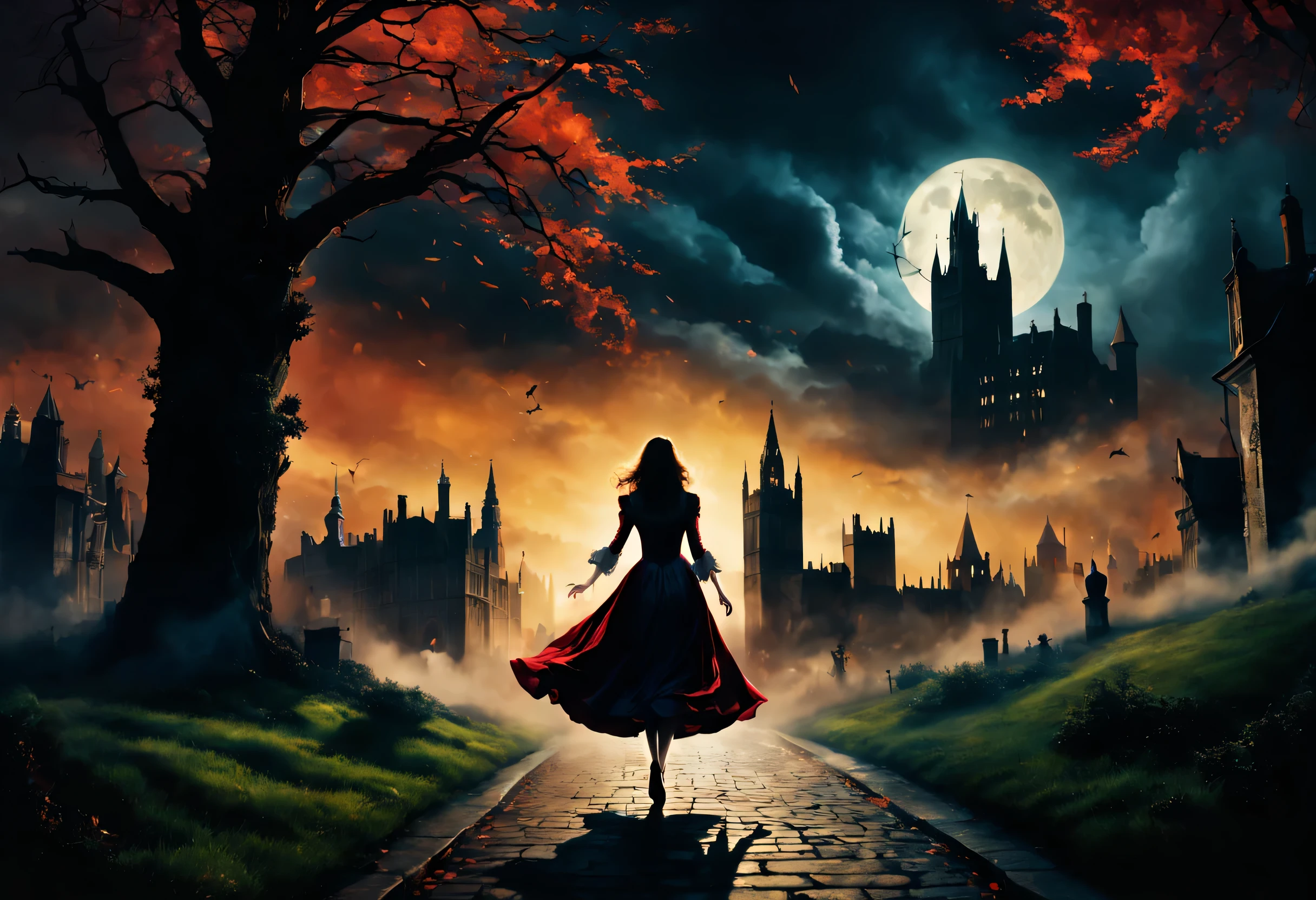 London:night:16th century,eerie atmosphere,Cityscape overlooking the bell tower,月night,A woman wearing a dress running away:Rear view,Count Dracula chasing:Rear view,A scene from a movie,movie poster,she was attacked by a vampire,He was forced to run away on purpose to enjoy the hunt..,the future is hopeless,Will God abandon her??,Photos that excite the viewer,masterpiece,be familiar with,rich colors,dramatic,colorful,dream-like,red moon and bats