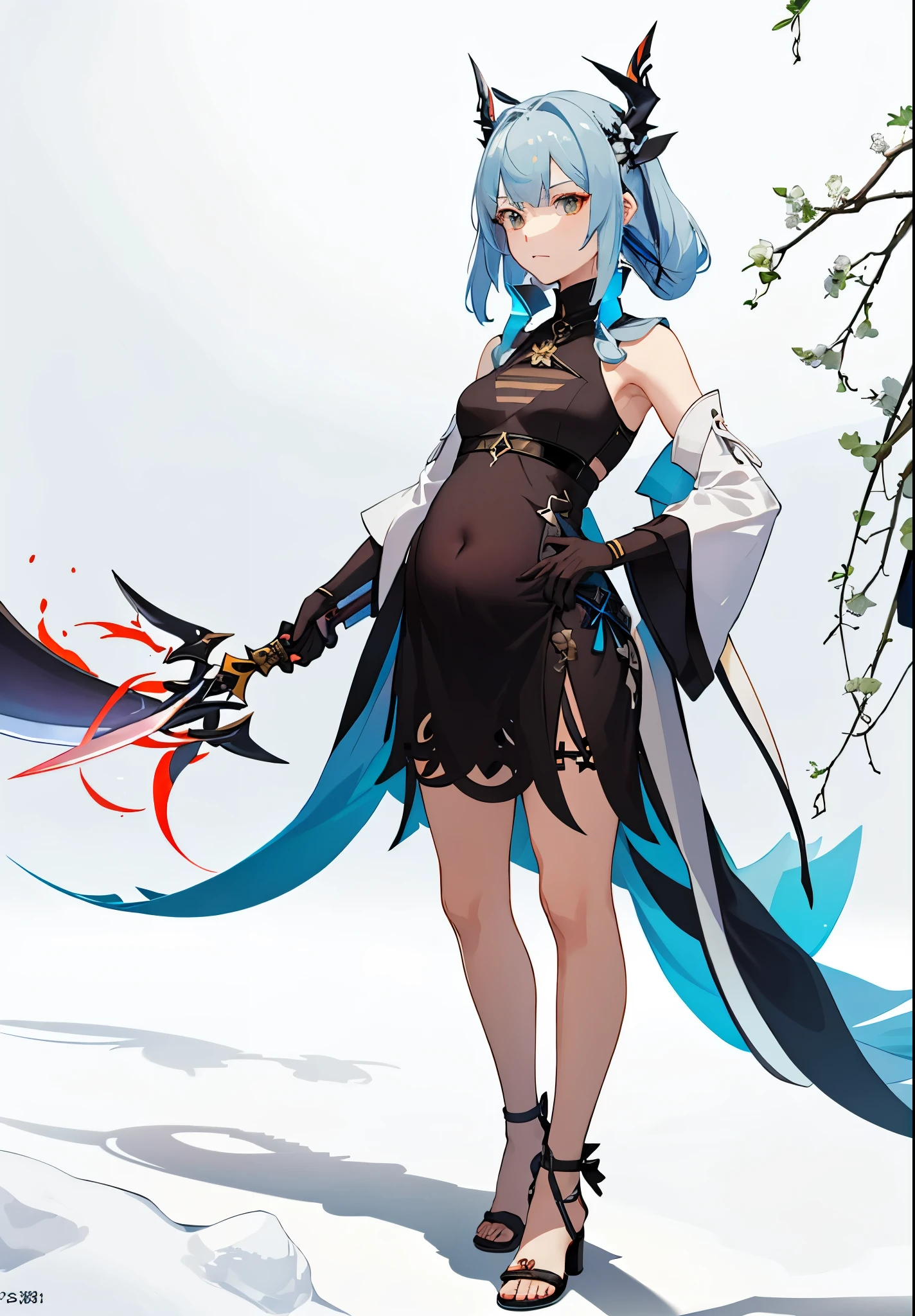 a woman in a dress holding a dagger and a dagger, video game character, from arknights, fox nobushi holding a dagger, hajime yatate, keqing from genshin impact, random haired deity, with small sword, ayaka genshin impact, female action anime girl, official character art, anime character, pregnant anime girl, fetus, pregnant belly,  random hair color