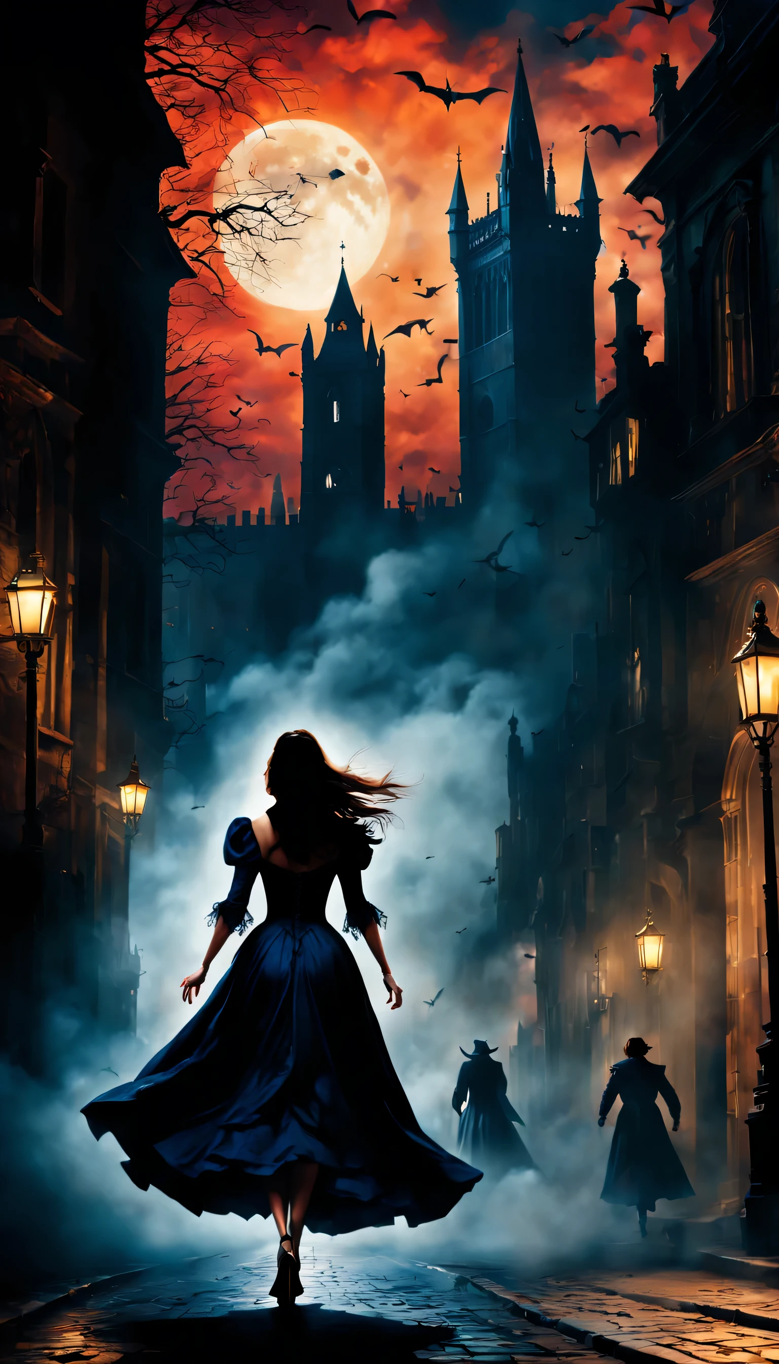 London:night:16th century,eerie atmosphere,Cityscape overlooking the bell tower,月night,A woman wearing a dress running away:Rear view,Count Dracula chasing:Rear view,A scene from a movie,movie poster,she was attacked by a vampire,He was forced to run away on purpose to enjoy the hunt..,the future is hopeless,Will God abandon her??,Photos that excite the viewer,masterpiece,be familiar with,rich colors,dramatic,colorful,dream-like