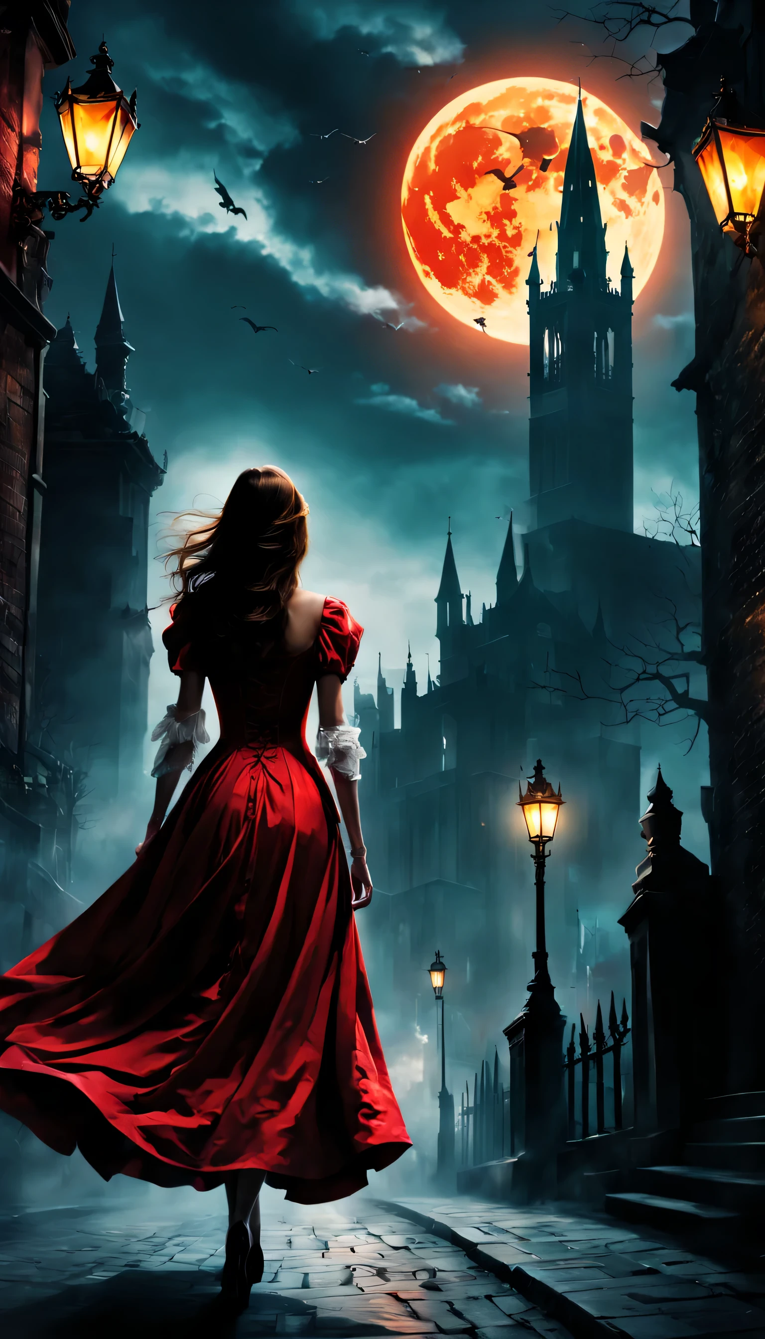 London:night:16th century,eerie atmosphere,Cityscape overlooking the bell tower,月night,A woman wearing a dress running away:Rear view,Count Dracula chasing:Rear view,A scene from a movie,movie poster,she was attacked by a vampire,He was forced to run away on purpose to enjoy the hunt..,the future is hopeless,Will God abandon her??,Photos that excite the viewer,masterpiece,be familiar with,rich colors,dramatic,colorful,dream-like,red moon and bats