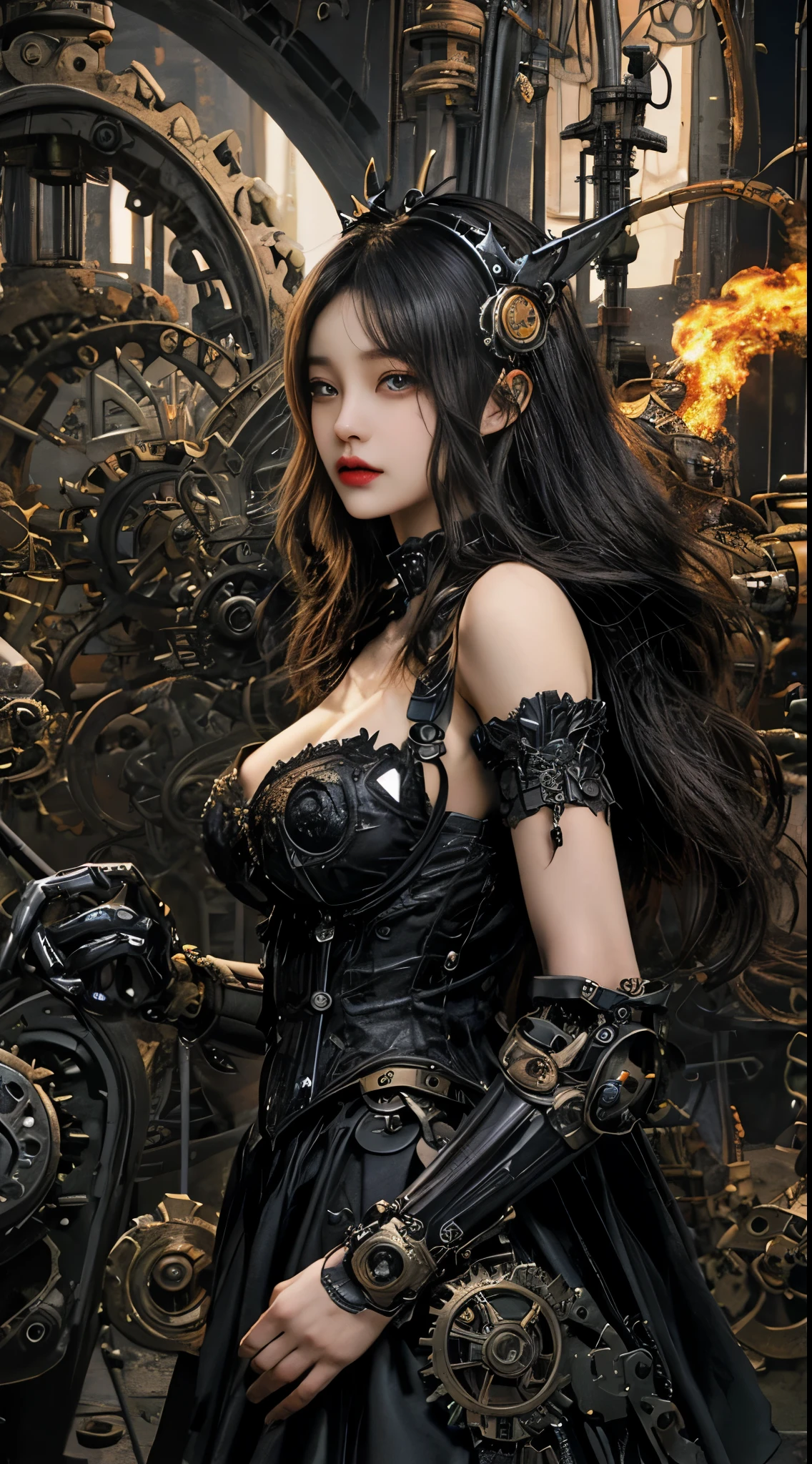 Mechanical doll magical girl, female, , very dynamic action pose, UHD, retina, masterpiece, anatomically correct, skin texture, super detailed, highly detailed, high quality, award winning, top quality, 16K, thick bangs, beautiful long black hair curled vertically and heavily disheveled in the wind, slit eyes, very large crescent-shaped eyes, very large dark gray eyes shining like jewels, long eyelashes, very thin little nose, very small mouth, very thin upper lip, light colored natural makeup, very slender and attractive body, (complex mechanical steampunk headgear, black lace flared skirt, complex mechanical overdecorated gothic lolita fashiombined with steampunk fashion), upturned very small beautiful breasts, (exploding flames in the background). (complex mechanic factory, lots of gears, lots of piping, lightning filled space sky), create highly detailed and realistic images, (super detailed background), (dark mysterious: 1. 2),