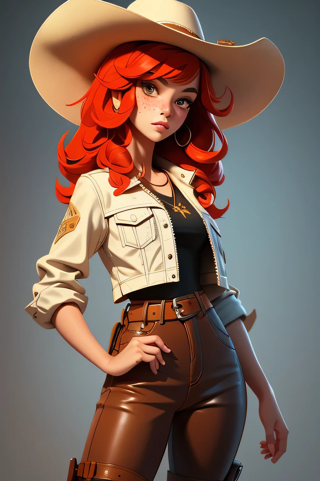 cowboy,a girl,cowboy hat,leather jacket,Red hair,Caucasian,freckle,beautiful,desert,Horizontal light and shadow,disney style,masterpiece, best quality,, Maximum details, intricate details, very clear