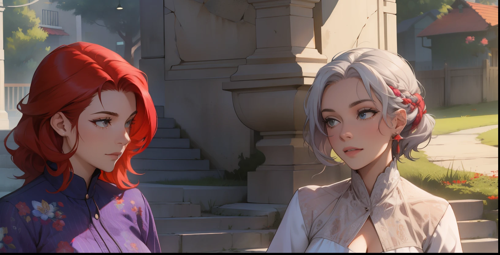 two ladies, one with red hair, she is 38 years old and the one with silver hair is 50 years old, speaking