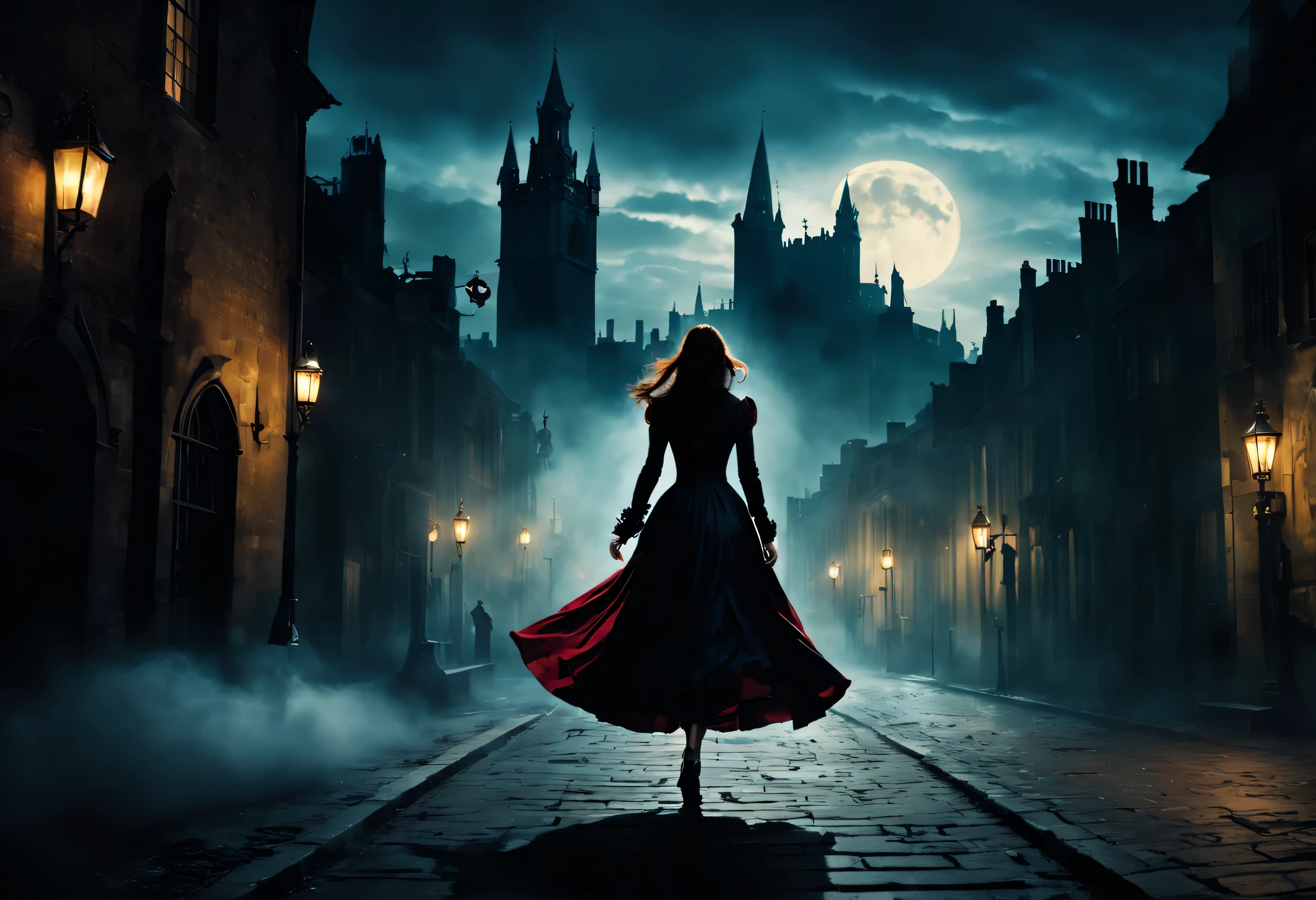London:night:16th century,eerie atmosphere,Cityscape overlooking the bell tower,月night,A woman wearing a dress running away:Rear view,Count Dracula chasing:Rear view,A scene from a movie,movie poster,she was attacked by a vampire,He was forced to run away on purpose to enjoy the hunt..,the future is hopeless,Will God abandon her??,Photos that excite the viewer,masterpiece,be familiar with,rich colors,dramatic,colorful,dream-like