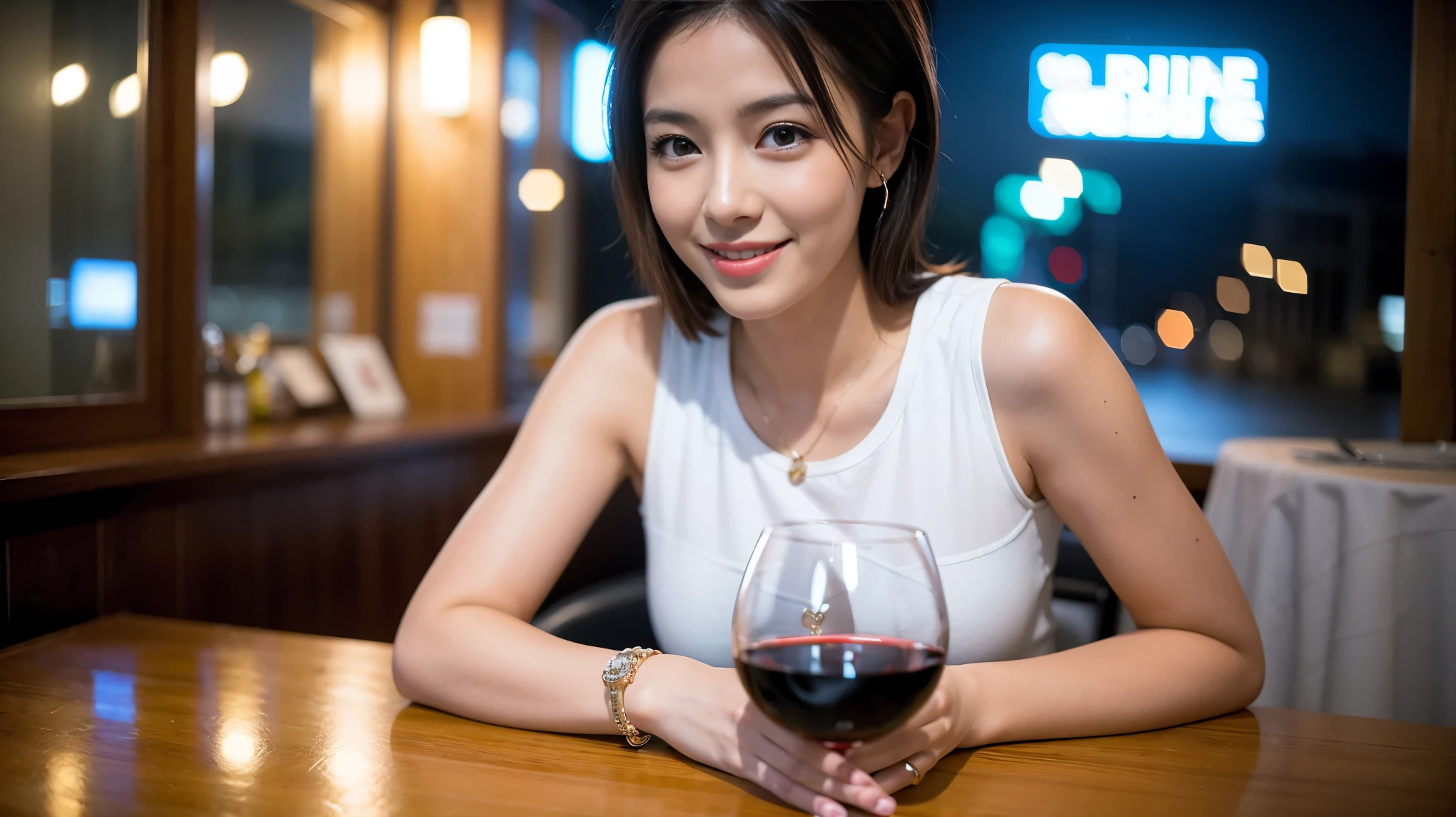 (including 64k, nffsw, highest quality, table top: 1.2), (realistic, realistic: 1.37), pretty woman 1, (slimフェイス), (because I'thin), (brown hair), (shortcut), cheeks turn a little red, (40 years old), 38 years, alone, 窓の外には美しく緻密なnight景が広がります..., restaurant, wine glassに座って, nightに, in a prominent place (from the waist up) nova frog style, actress, model, Upper body, White wine, slim, wine glass, とてもきれいなnight景, 真ん中に置かれたwine glass, smile, (smile: 1.15), Beautiful little eyes, Upper body, bust japan up, night, short, short, actress, model, Upper body, White wine, slim, wine glass, とてもきれいなnight景, 真ん中に置かれたwine glass, smile,