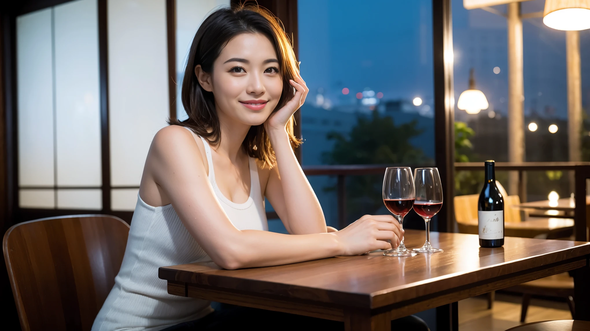 (including 64k, nffsw, highest quality, table top: 1.2), (realistic, realistic: 1.37), pretty woman 1, (slimフェイス), (because I'thin), (brown hair), (shortcut), cheeks turn a little red, (40 years old), 38 years, alone, 窓の外には美しく緻密なnight景が広がります..., restaurant, wine glassに座って, nightに, in a prominent place (from the waist up) nova frog style, actress, model, Upper body, White wine, slim, wine glass, とてもきれいなnight景, 真ん中に置かれたwine glass, smile, (smile: 1.15), Beautiful little eyes, Upper body, bust japan up, night, short, short, actress, model, Upper body, White wine, slim, wine glass, とてもきれいなnight景, 真ん中に置かれたwine glass, smile,