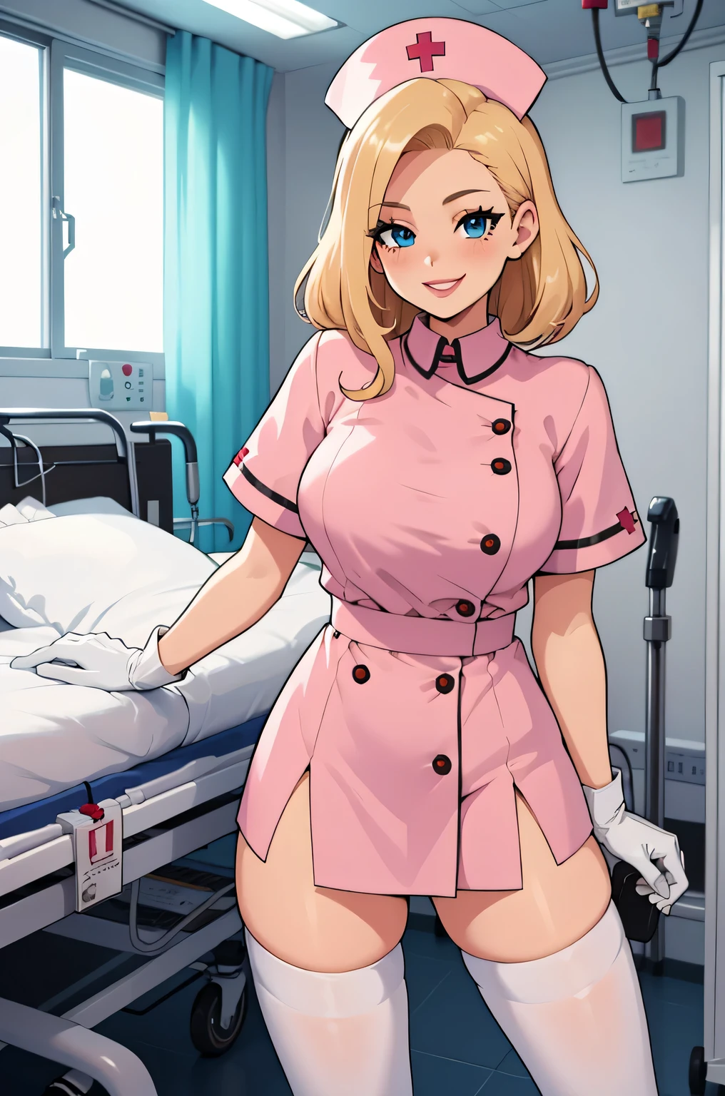 1 female, alone, nurse, nurse cap, white clothes, ((white legwear, zettai ryouiki)), white gloves, blonde hair, blue eyes, pink lips, smile, Are standing, ((hospital room)), sharp outline, short sleeve, mature woman, 35 years old, highest quality, masterpiece