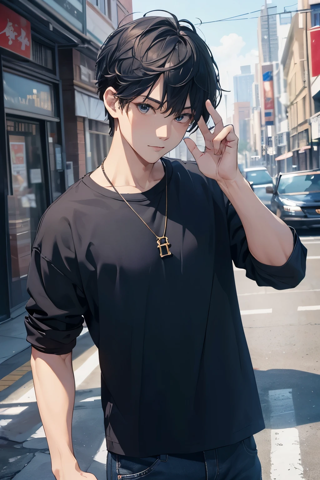 (disorganized, High resolution, super detailed, HDR), masterpiece, highest quality, boy, alone, good looking, short hair, dark blue hair, fine eyes and detailed face, casual clothes, true shadow, Raise your hand in a peace sign, Joyful, ear removal,