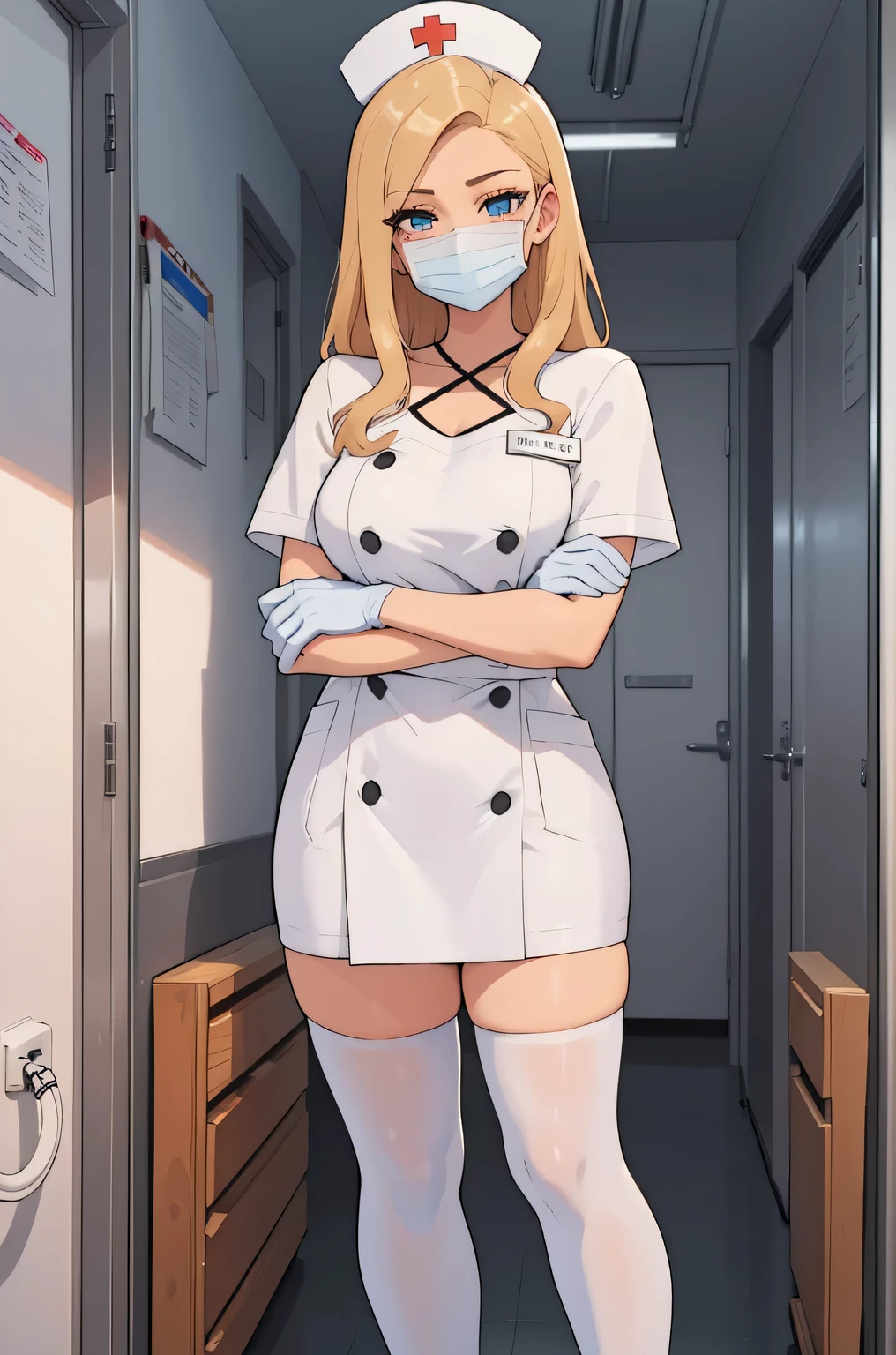 1 female, alone, nurse, nurse cap, white clothes, ((white legwear, zettai ryouiki)), white gloves, blonde hair, blue eyes, ((white surgical mask, covered nose)), Are standing, ((hospital room)), sharp outline, short sleeve, mature woman, 35 years old, highest quality, masterpiece