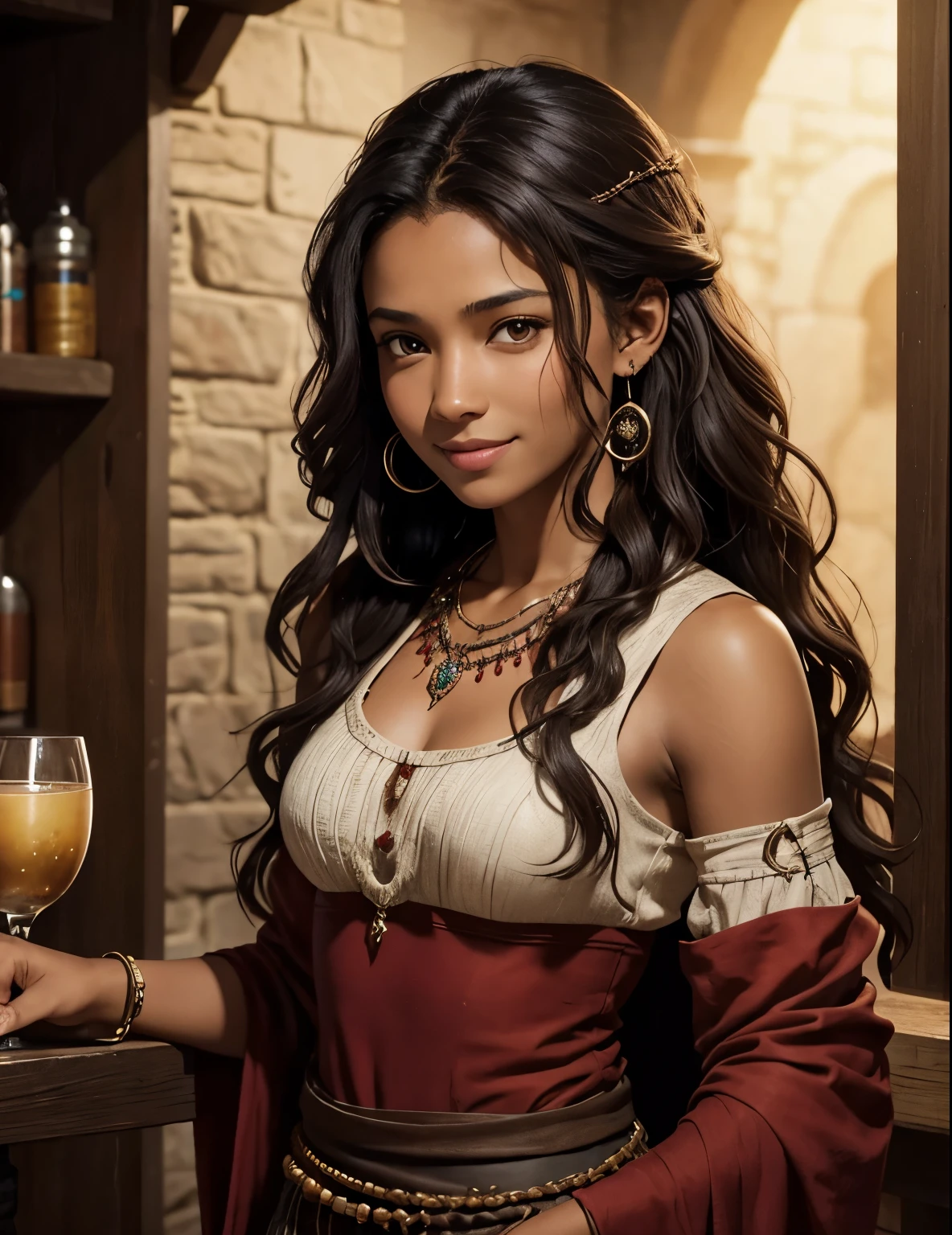 A young human woman around 25 years old, not very pretty and far from ugly, ebony skin, sweaty skin, messy and wavy dark brown hair to her height shoulder length, brown eyes, small ears with earrings and piercings, beaded necklace, origins in a poor family on the margins of society, works in a tavern as a waiter and sometimes as a dancer, usually wears light medieval-style red clothes, always has a smile on his face despite his tiredness, RPG character in the Lord of the Rings and Dungeons & Dragons style