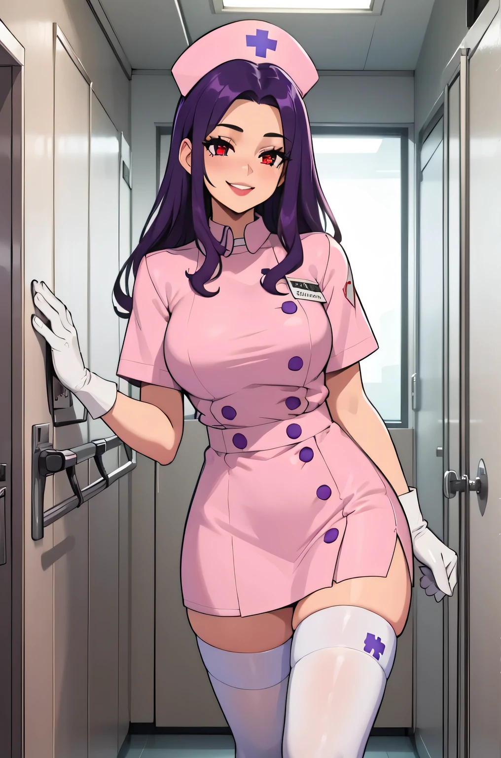 1 female, alone, nurse, nurse cap, white clothes, ((white legwear, zettai ryouiki)), white gloves, long hair, purple hair, red eyes, pink lips, smile, Are standing, ((hospital room)), sharp outline, short sleeve, mature woman, 35 years old, highest quality, masterpiece