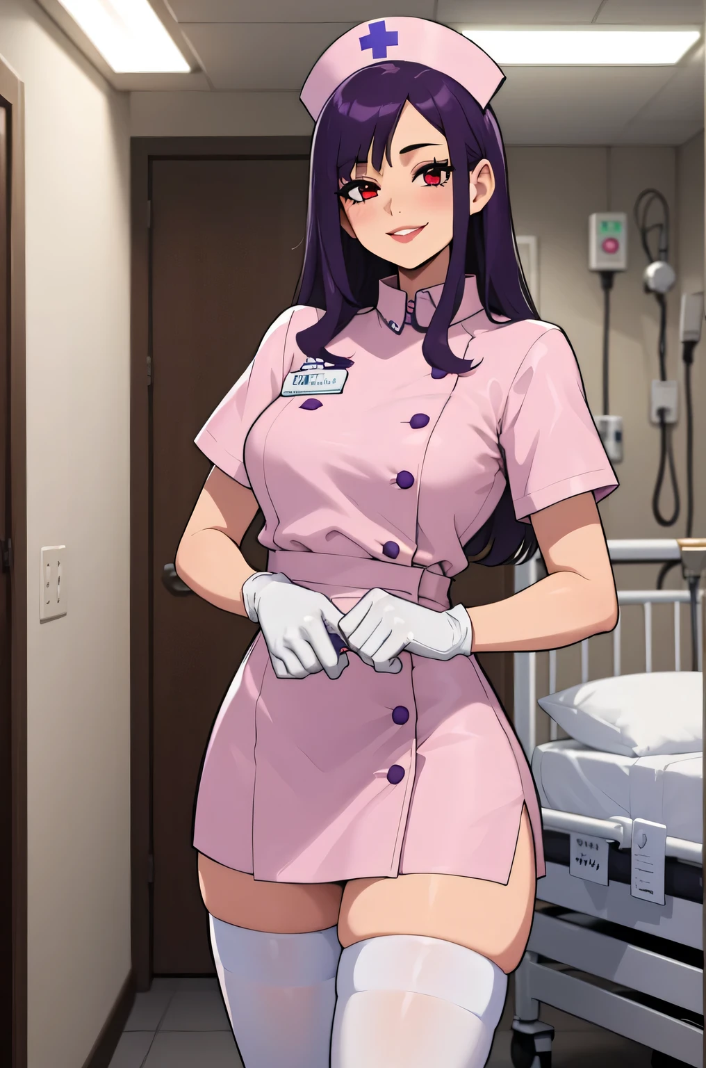 1 female, alone, nurse, nurse cap, white clothes, ((white legwear, zettai ryouiki)), white gloves, long hair, purple hair, red eyes, pink lips, smile, Are standing, ((hospital room)), sharp outline, short sleeve, mature woman, 35 years old, highest quality, masterpiece