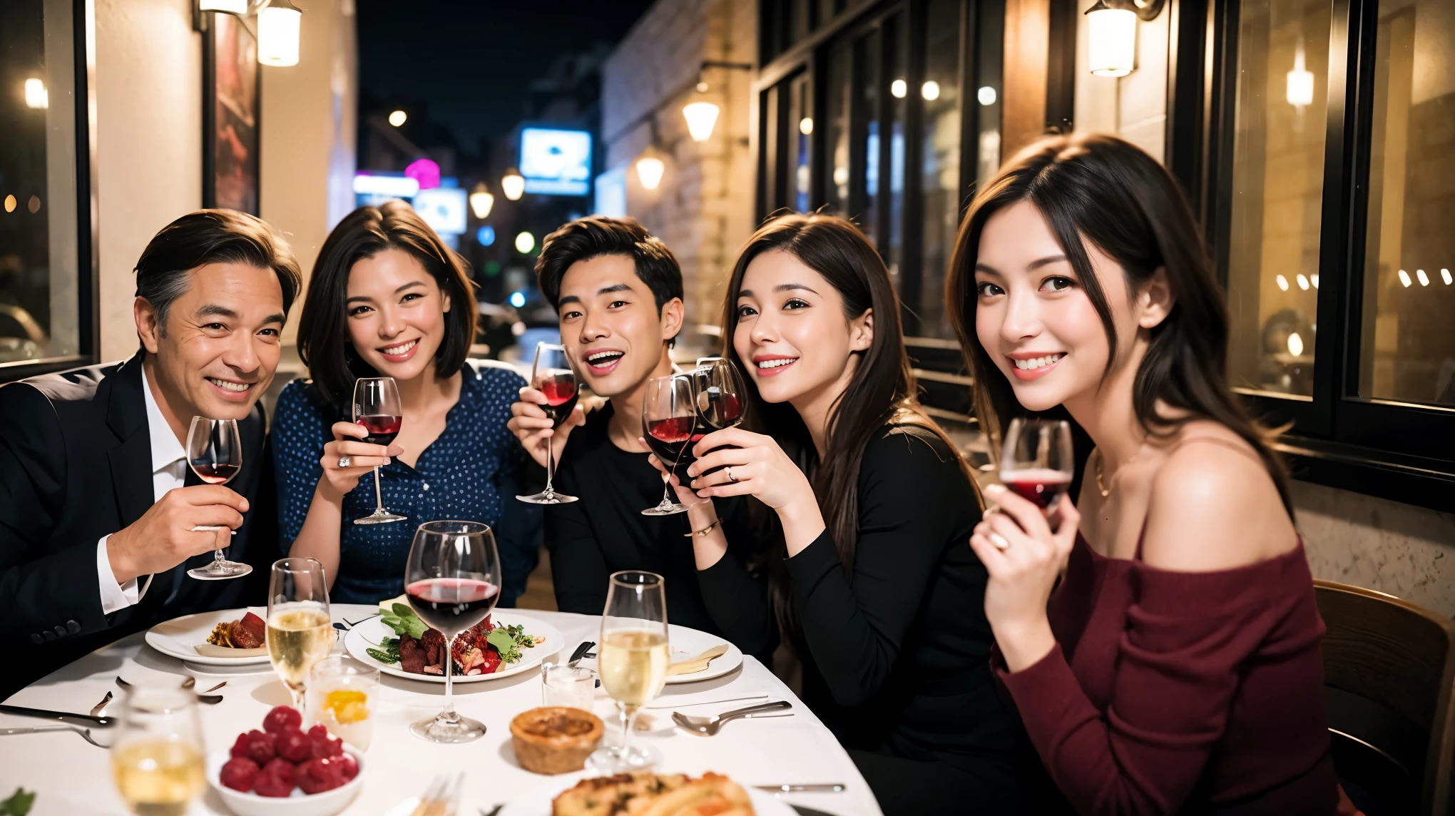 64k, Hmm, highest quality, masterpiece: 1.2), (realistic, photorealistic: 1.37), Super detailed, celebration party、beauty、charm、beautiful mature woman、3 women who love wine、three men、Champagne、sparkling wine、winter night、restaurantでワイン宴会、(slimな男女4名),(Wine party for 5 people)、(slimフェイス),Happy、 最高なsmile、Fox face、Raccoon face、Berry Short、(because I'thin), (brown hair), (shortcut), long sleeve shirt、winter fashion、Columbia、Brazilian、Japanese、Dutch、German、Portuguese、Belgian、Italian、French, (Squirting), (slimボティ), (brown hair), (shortcut), 端正なbeauty、cheeks turn a little red, (41 years old), 38 years old, 35 years old、32 years old、 43 years old、A beautiful and detailed night view spreads out outside the window........., restaurant, wine glassが座っている, At night, in a prominent place (from the Upper body) nova frog style, actress, model, Upper body, White wine, slim, wine glass, Very beautiful night view, wine glass Put in the Middle, Happy smile, (smile: 1.15),