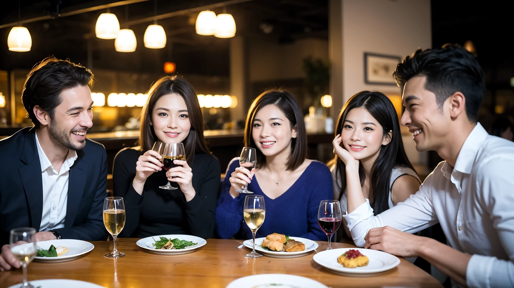 64k, Hmm, highest quality, masterpiece: 1.2), (realistic, photorealistic: 1.37), Super detailed, celebration party、beauty、charm、beautiful mature woman、3 women who love wine、three men、Champagne、sparkling wine、winter night、restaurantでワイン宴会、(slimな男女4名),(Wine party for 5 people)、(slimフェイス),Happy、 最高なsmile、Fox face、Raccoon face、Berry Short、(because I'thin), (brown hair), (shortcut), long sleeve shirt、winter fashion、Columbia、Brazilian、Japanese、Dutch、German、Portuguese、Belgian、Italian、French, (Squirting), (slimボティ), (brown hair), (shortcut), 端正なbeauty、cheeks turn a little red, (41 years old), 38 years old, 35 years old、32 years old、 43 years old、A beautiful and detailed night view spreads out outside the window........., restaurant, wine glassが座っている, At night, in a prominent place (from the Upper body) nova frog style, actress, model, Upper body, White wine, slim, wine glass, Very beautiful night view, wine glass Put in the Middle, Happy smile, (smile: 1.15),
