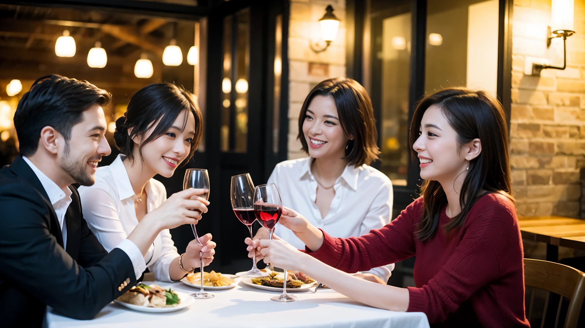 64k, Hmm, highest quality, masterpiece: 1.2), (realistic, photorealistic: 1.37), Super detailed, celebration party、beauty、charm、beautiful mature woman、3 women who love wine、three men、Champagne、sparkling wine、winter night、restaurantでワイン宴会、(slimな男女4名),(Wine party for 5 people)、(slimフェイス),Happy、 最高なsmile、Fox face、Raccoon face、Berry Short、(because I'thin), (brown hair), (shortcut), long sleeve shirt、winter fashion、Columbia、Brazilian、Japanese、Dutch、German、Portuguese、Belgian、Italian、French, (Squirting), (slimボティ), (brown hair), (shortcut), 端正なbeauty、cheeks turn a little red, (41 years old), 38 years old, 35 years old、32 years old、 43 years old、A beautiful and detailed night view spreads out outside the window........., restaurant, wine glassが座っている, At night, in a prominent place (from the Upper body) nova frog style, actress, model, Upper body, White wine, slim, wine glass, Very beautiful night view, wine glass Put in the Middle, Happy smile, (smile: 1.15),
