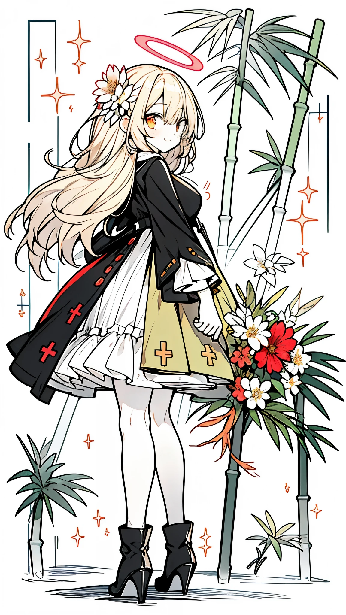 ((masterpiece:1.4,best quality))+,(Super detailed)+,(super detailed eyes)+,(white leg rings:1.5),
(cute girl),,(golden eyes:1.15),long blonde hair,(changes through:1.2),pale skin,cold,Smile,一個誘人的Smile,
(She was wearing a light pink hooded trench coat,白色flower纹;There's fluff on it:1.5),(Green dress:1.4),sickle,thin legs,Black and red halo,harquebus,Mechanical construction,Manipulator,medical kit,Beak mask,from behind,top view,
(flower:1.1),
(Dawn light:1.2),
(bamboo:1.16),(depth of field:1.4),