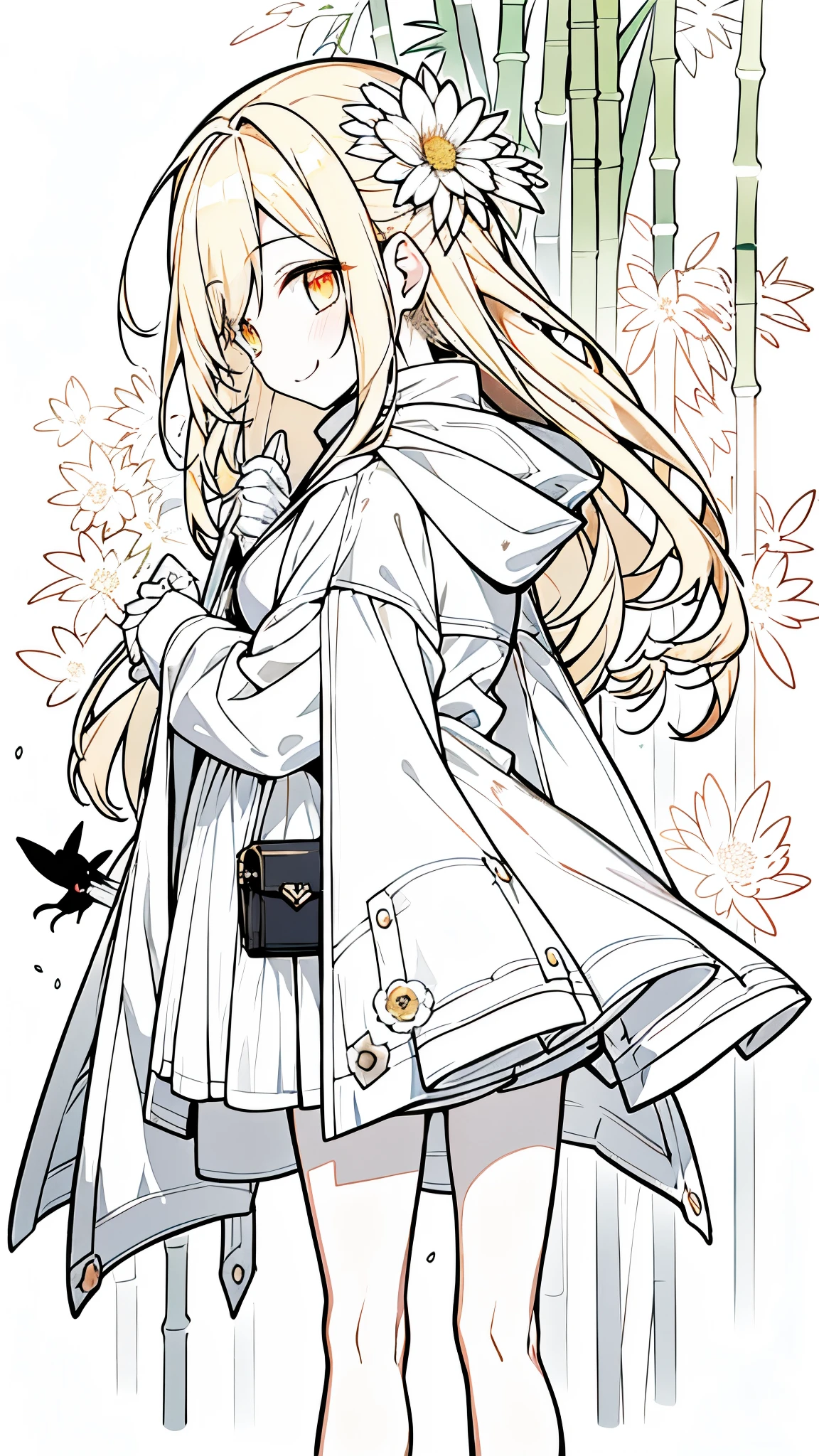 ((masterpiece:1.4,best quality))+,(Super detailed)+,(super detailed eyes)+,(white leg rings:1.5),
(cute girl),15 years old,(golden eyes:1.15),long blonde hair,(changes through:1.2),pale skin,cold,Smile,一個誘人的Smile,
(She was wearing a light pink hooded trench coat,白色flower纹;There's fluff on it:1.5),(Green dress:1.4),sickle,thin legs,Black and red halo,harquebus,Mechanical construction,Manipulator,medical kit,Beak mask,from behind,top view,
(flower:1.1),
(Dawn light:1.2),
(bamboo:1.16),(depth of field:1.4),