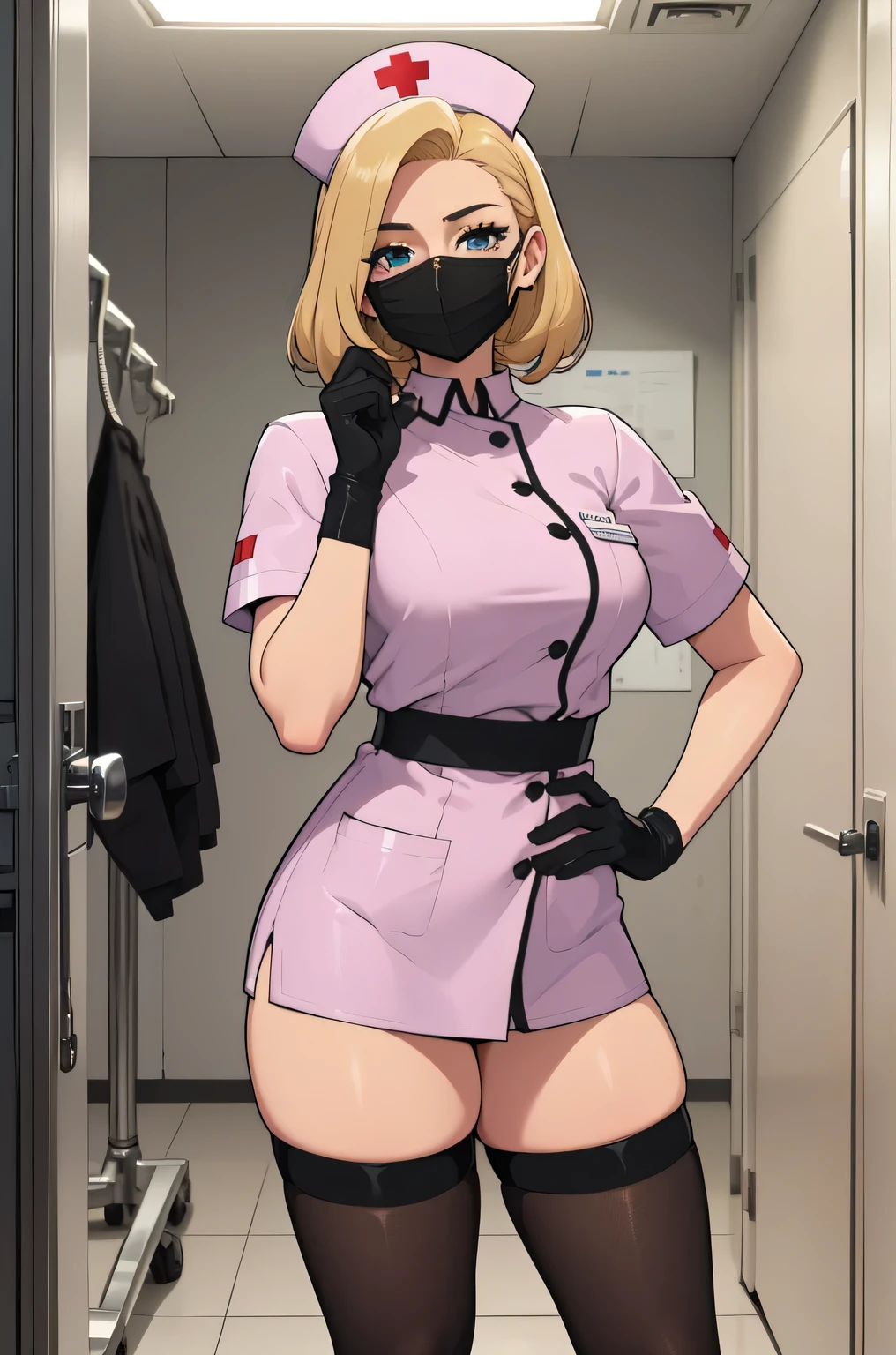 black nurse, 1 female, alone, black nurse cap, Blackware, ((black legwear, zettai ryouiki)), black elbow gloves, blonde hair, blue eyes, ((black surgical mask, covered nose)), Are standing, ((operating room)), sharp outline, short sleeve, mature woman, 35 years old, highest quality, masterpiece