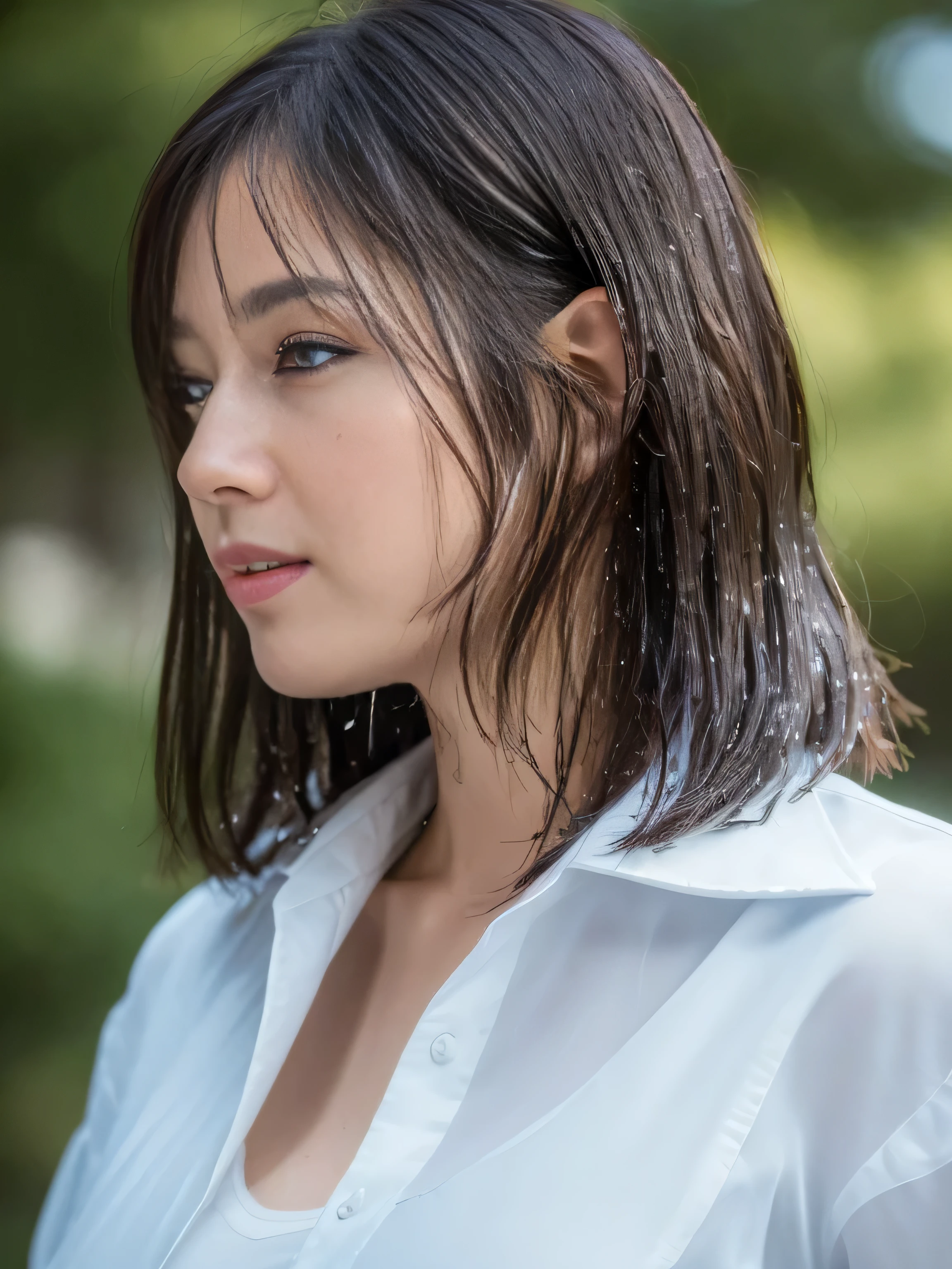(A gravure idol wearing white who enters a basin in a waterfall and practices chanting sutras while being struck by the waterfall:1.5), (Beautiful girl gravure idol with big breasts wearing white clothing with black hair color:1.3), (short hairstyle:1.3), (constricted waist:1.3)