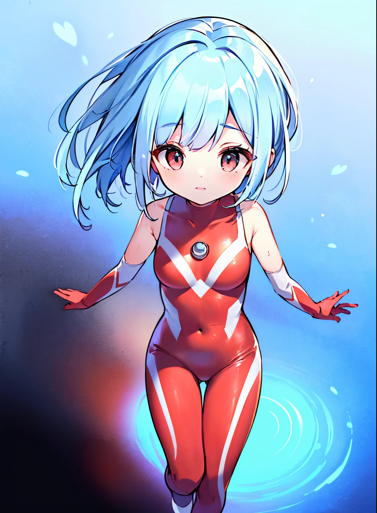 Close-up,highest quality, ultra detail, High quality CG drawing, The most delicate and beautiful, Floating gently, High resolution, (1 girl), (Highest image quality,4K,8K,masterpiece:1.2) ,(light blue hair:1.6),(red left eye:1.6),(blue right eye:1.6),slightly shorter stature,(No expression:1.5), (ultra girl :1.0), (silver and red ultraman bodysuit:1.4)