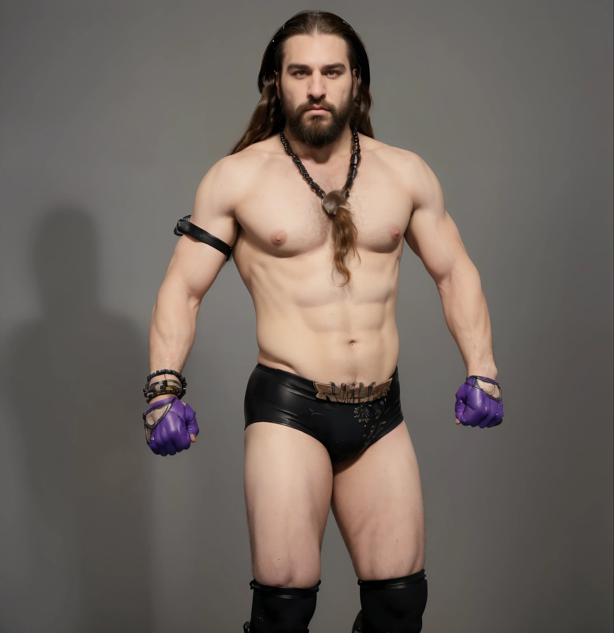 ((masterpiece, best quality)),white man with a beard dreadlock long hair and a purple necklace standing in a pose, purple leather gloves beaded bracelets with black wrestling tights withe black knee pads and armband, hairy chest,wrestler, detailed face inspired by Volkan Baga, mma southpaw stance, johnny silverhand, male character, wrestler, inspired by Adam Manyoki, beefcake pose, posing for a fight intricate, inspired by Anthony Palumbo, new character, photo realistic, intricate details