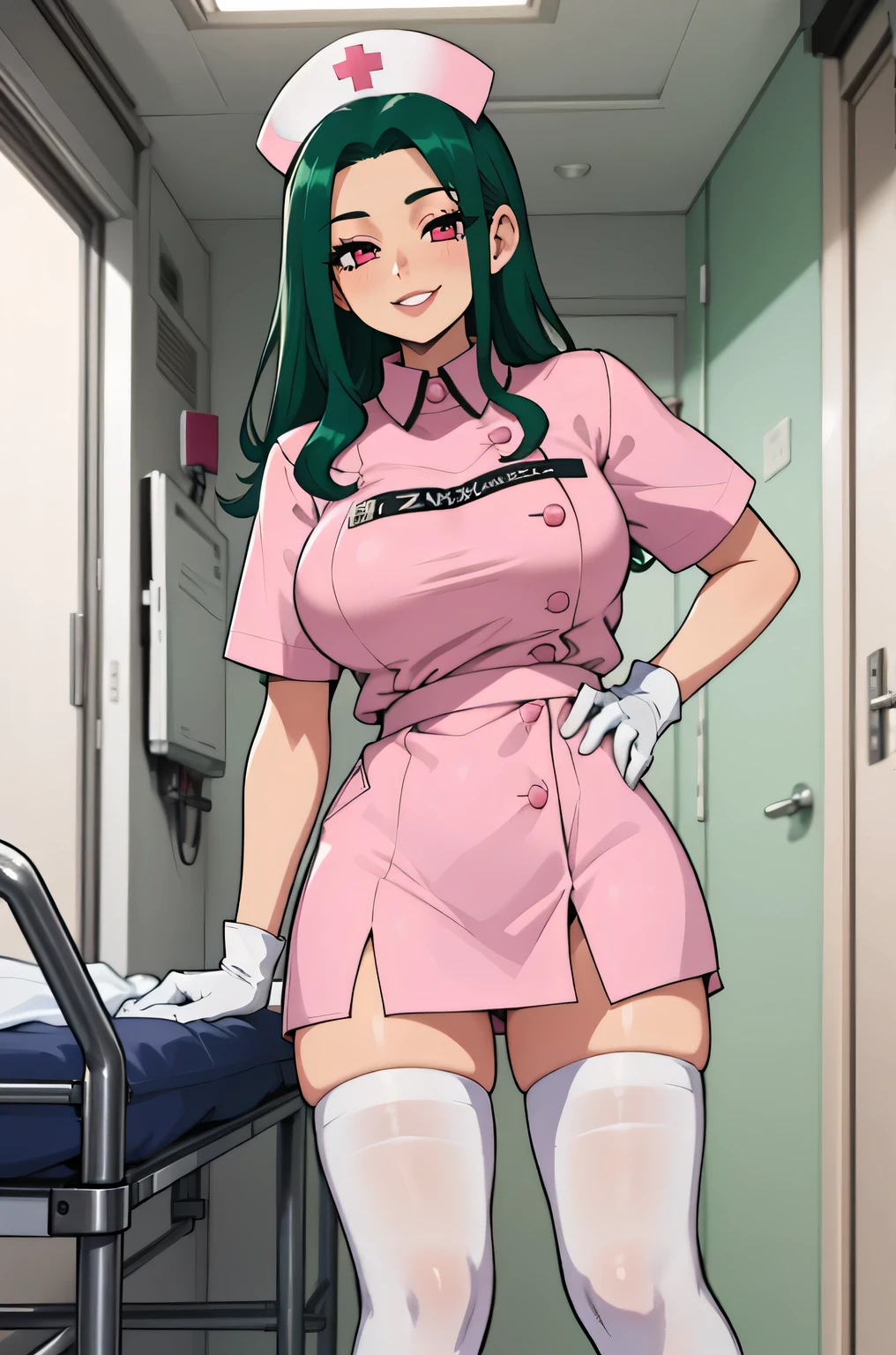 1 female, alone, nurse, nurse cap, white clothes, ((white legwear, zettai ryouiki)), white gloves, amount, long hair, green hair, pink eyes, pink lips, smile, Are standing, ((hospital room)), sharp outline, short sleeve, mature woman, 35 years old, highest quality, masterpiece