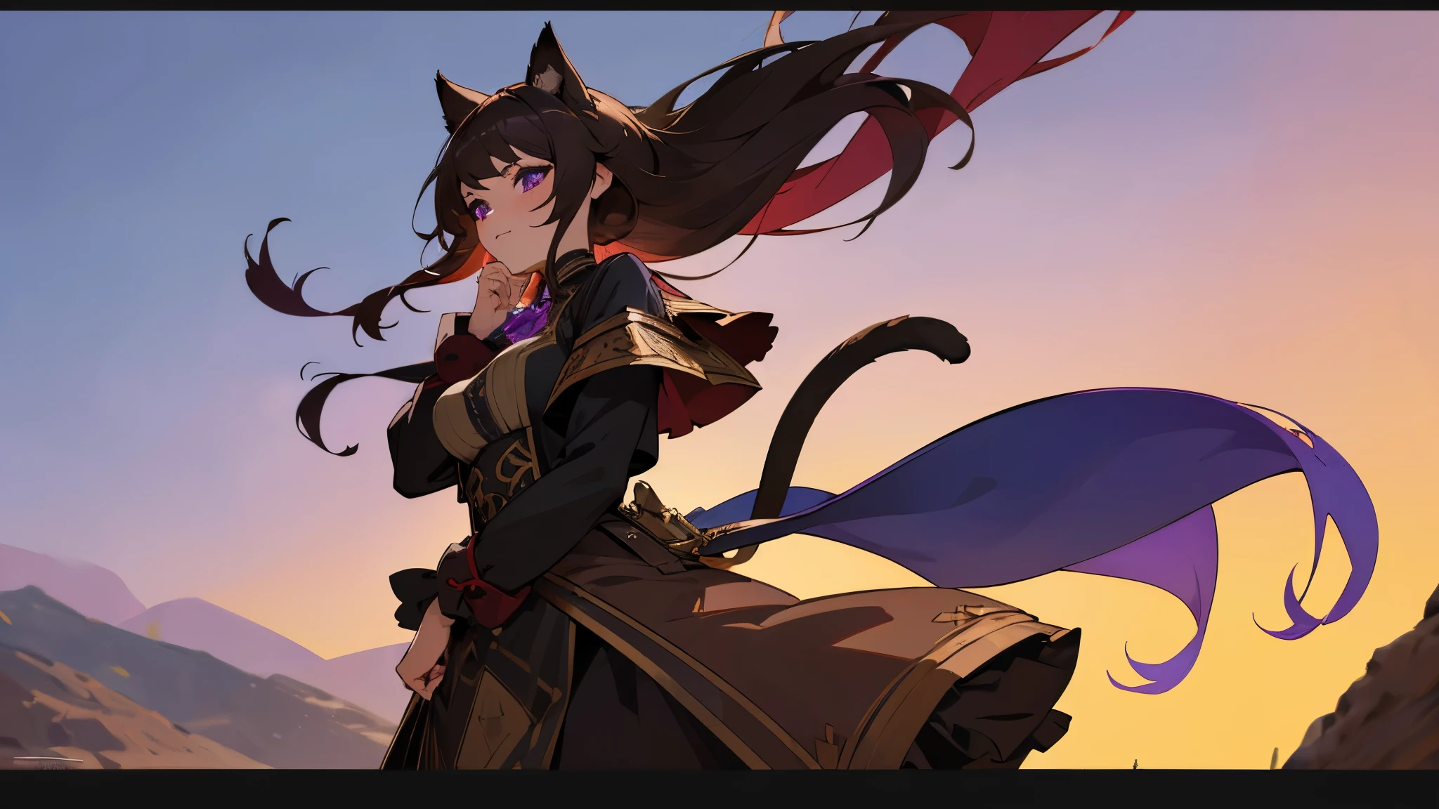 ((Masterpiece)), ((Best Quality)), ((Detailed)), One adult tall catgirl woman who has a purple eyes, black-brown quite long hair. (((Her Fantasy Aristocrat Adventurer's outfit is in colours: Purple, Black, Red))), ((Black-Brown cat tail)), ((Black-Brown cat ears)), anime port town background