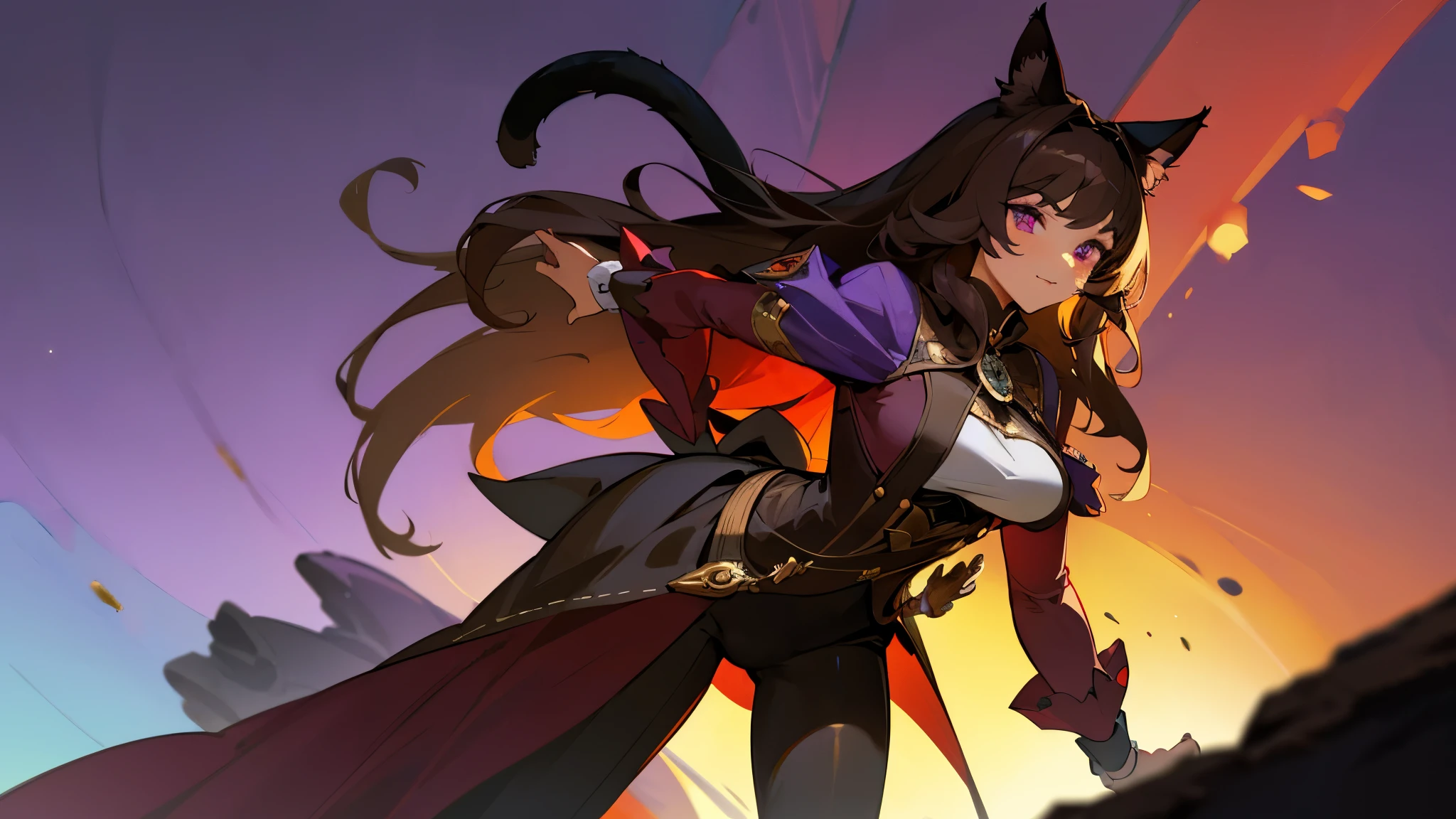 ((Masterpiece)), ((Best Quality)), ((Detailed)), One adult tall catgirl woman who has a purple eyes, black-brown quite long hair. (((Her Fantasy Aristocrat Adventurer's outfit is in colours: Purple, Black, Red))), ((Black-Brown cat tail)), ((Black-Brown cat ears)), anime port town background
