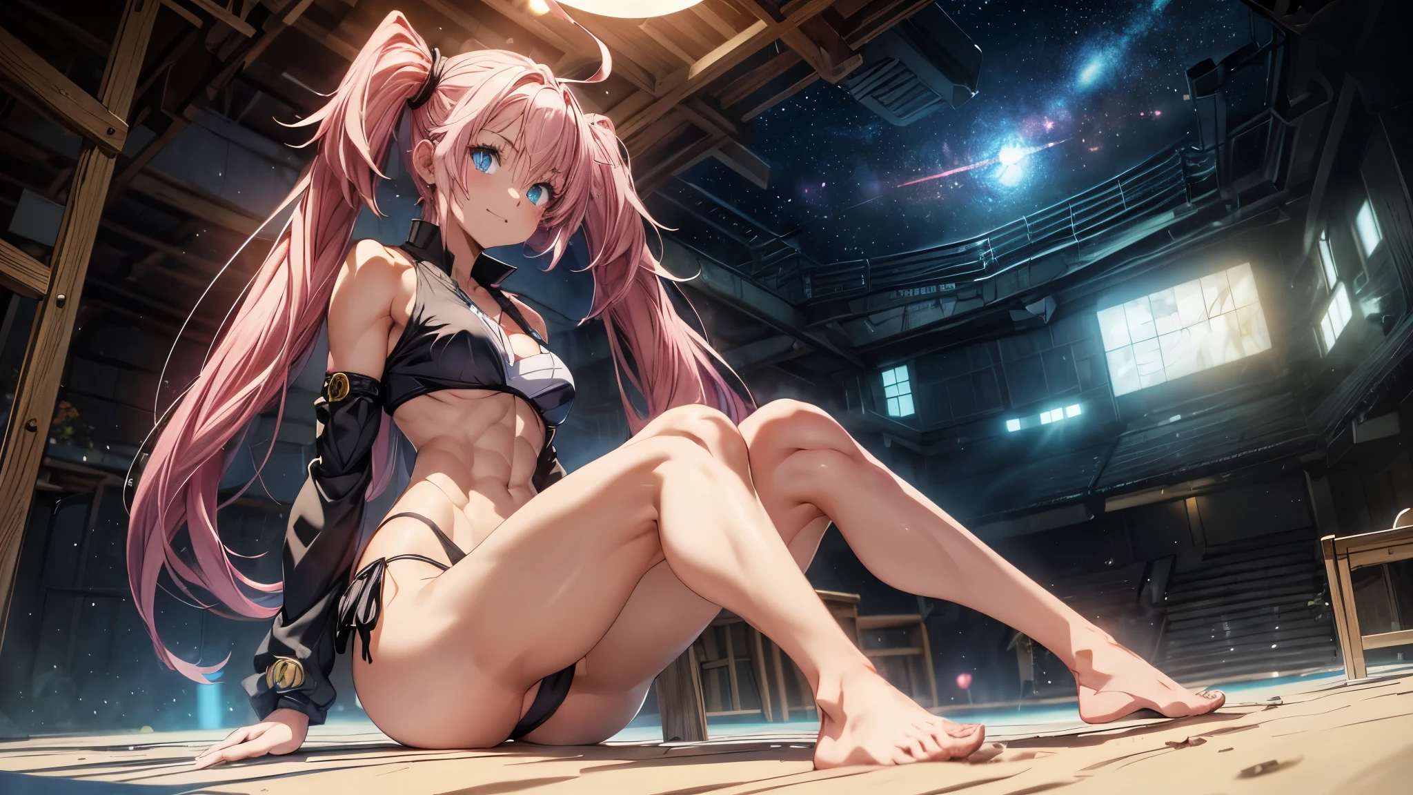 1 girl, (medium ))) (((big ass))), (cute smile), (((wearing very short bikini))), (Long pink hair), (((blue eyes))), ( on the beach at night with starry sky and full blood moon), (slender), (slim waist), (butt only), (slim and muscular leguscular belly, barefoot, (seductive), (((body photo entire))), (sitting with his ass in the audience's face), (twintails), glowing eyes, eye flare, Bad mood, anime, anime style, ray tracing, glare, drop shadow, panorama, Sony FE, 8K, High definition, artwork, Accurate, anatomically correct, Super detail, best quality, high resolution, high definition, 16K