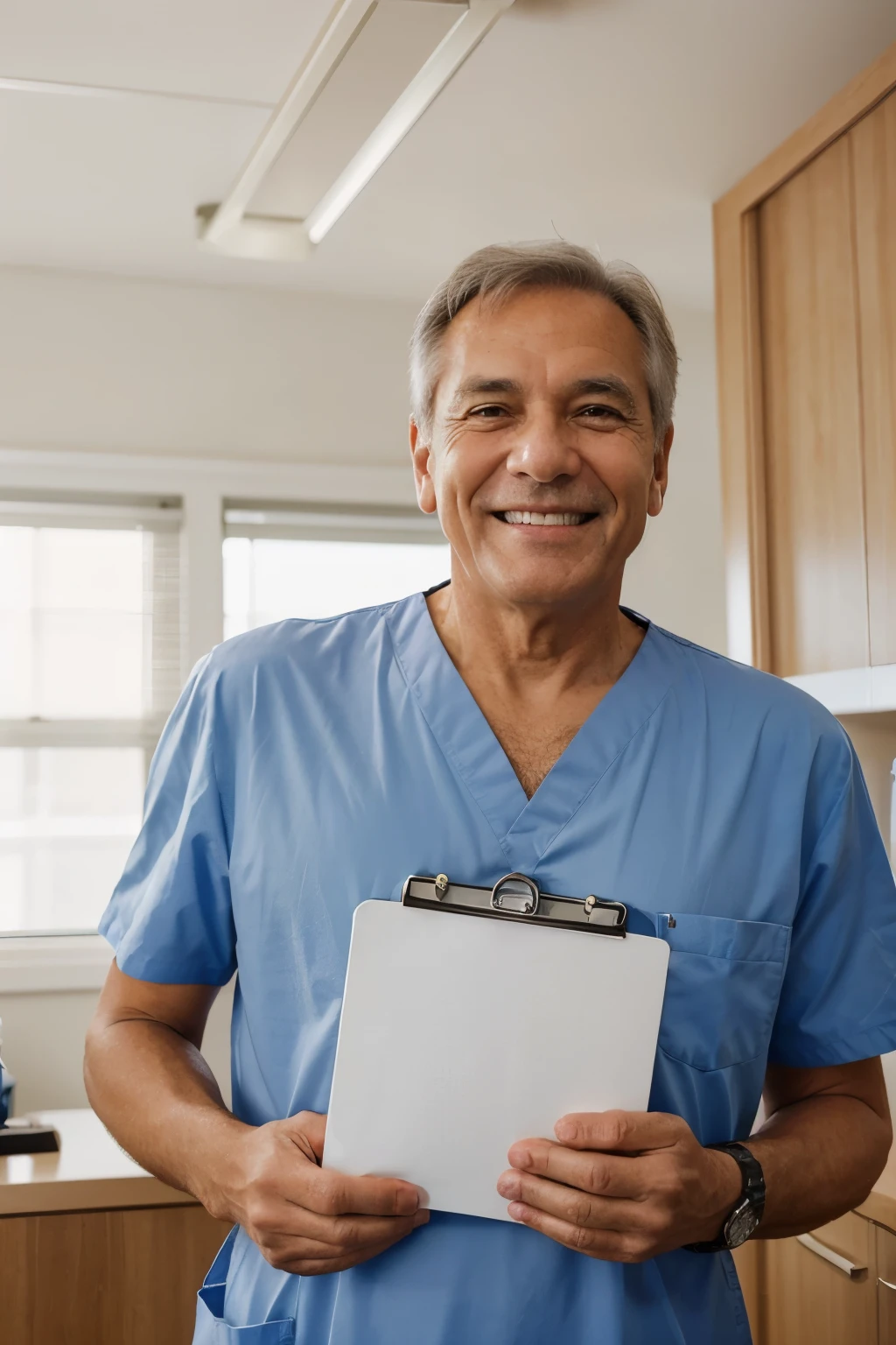 A 60-year-old man with a beautiful smile. His face reflects great joy in his dentist's uniform. He is in his office with a clipboard in his hands. The style is a realistic photograph taken in daylight using a 25mm 4k lens, super detailed, with direct betta lighting.--ar 9:16--v 6.0
