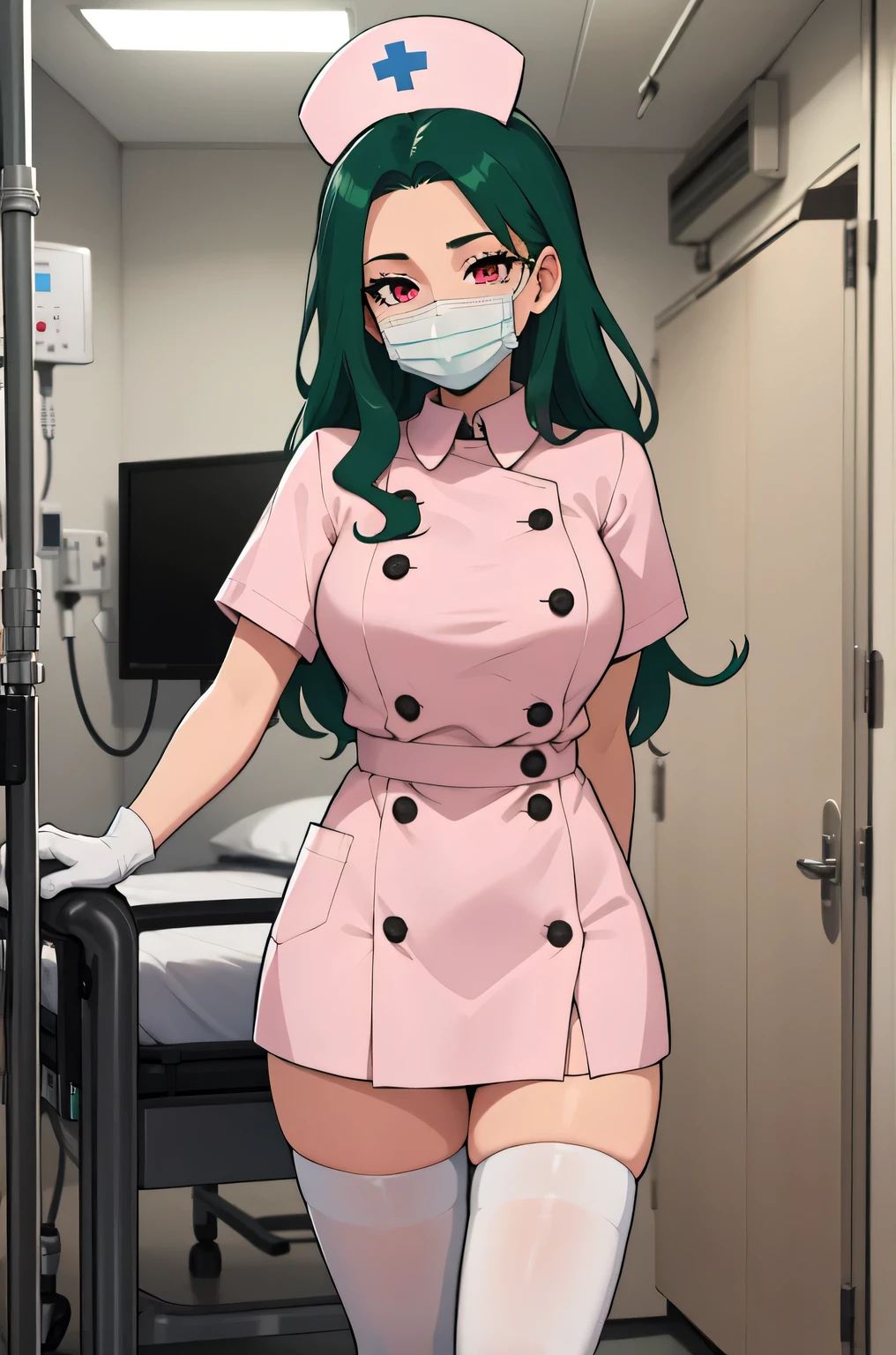 1 female, alone, nurse, nurse cap, white clothes, ((white legwear, zettai ryouiki)), white gloves, amount, long hair, green hair, pink eyes, ((white surgical mask, covered nose)), Are standing, ((hospital room)), sharp outline, short sleeve, mature woman, 35 years old, highest quality, masterpiece