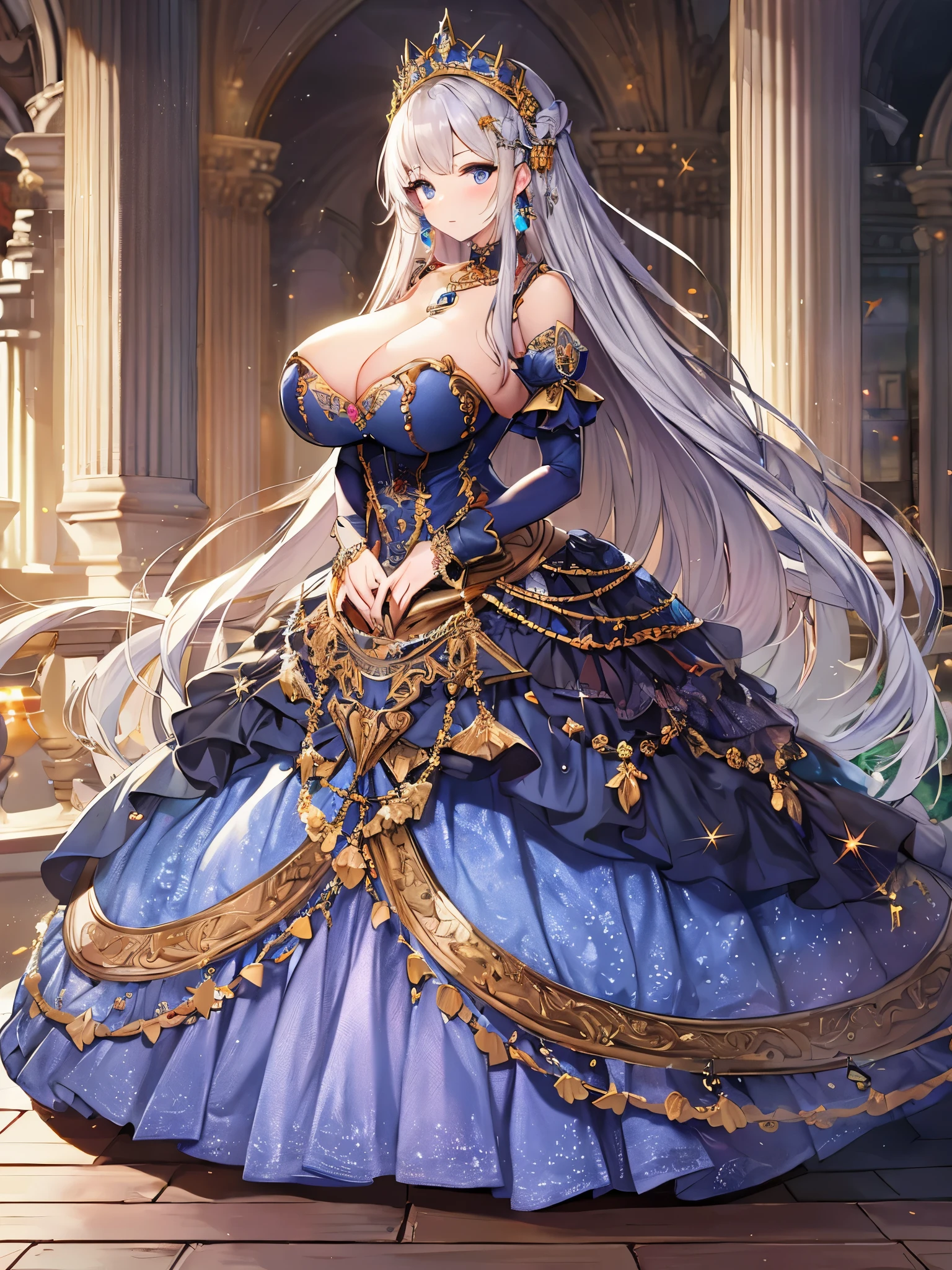 anime artstyle,Masterpiece,Best Quality,Super Detail,Very Delicate and Beautiful,Solo,full body,full body portrait,((1 princess in a jeweled rococo ballgown with beautiful embroidery)),(((very gigantic tits))),cleavage,Skindentation,((fantasy castle,outdoor)),((crinoline,long train)),super detailed gorgeous princess ballgown with voluminous full length hoop skirt,gorgeous princess rococo ballgown with long train,gorgeous princess rococo ballgown with beautiful embroidery and jeweled,(detailed face and eyes),jewel-like eyes,((extremely voluminous straight Hair,Extremely Long Straight Hair)),extremely gorgeous hair ornament,((extremely gorgeous jeweled big tiara)),luxurious jewelry,((super detailed gorgeous princess rococo ballgown with voluminous full length hoop skirt)),full body