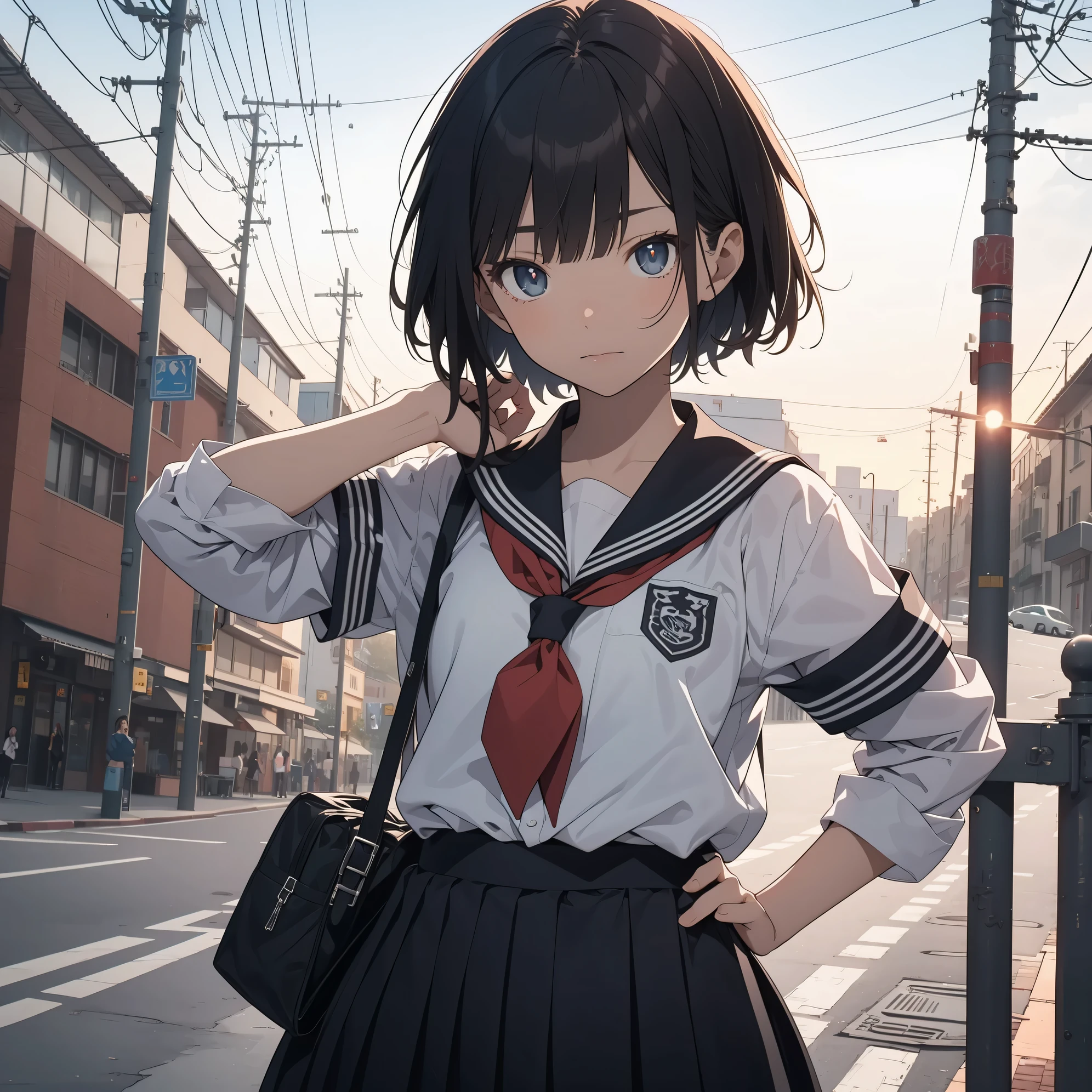 Ultra-highest quality by the art god, super detailed, High resolution, anime moe art style, Best Anime 8K Kona-chan Wallpaper, pixiv contest winner, perfect ???????, break,(眠そうにalone学校へ行く女の子を描いてください. )dutch angle, break, 1 girl,(alone,little woman,13 years old:1.3),All limbs, full finger,, The charm of an immature body, (very short hair), bangs, flat chest, Small Bodysuits, small ass, between legs, upward facing eyes, small eyes, black eye, detailed and beautiful eyes, Well-proportioned iris and pupils, expressive eyes, lips with beautiful details, High resolutionの詳細な髪, skirt, pleated skirt, neckerchief, sailor collar, school uniform, serahuku, shirt, (detailed lighting), (detailed background), On the way to school. break,super dense skin, Best lighting by famous artists, 8k, cute illustration,Hmm, rough skin