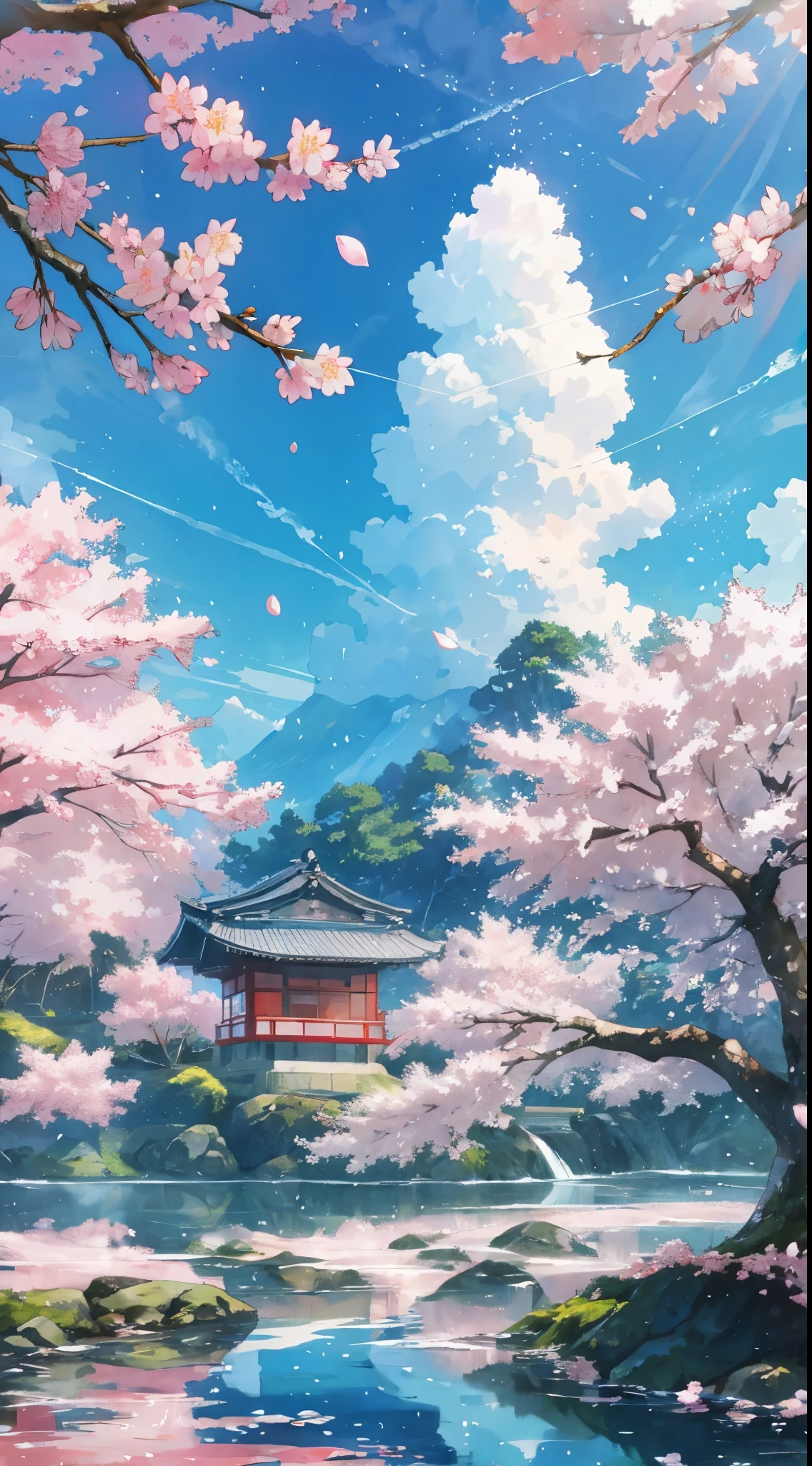 NOhumans、Natural scenery of the Japan、rivulets、Sparkling water surface、Water droplets、The tree、Clear blue sky、Into the cloud、Sunlight、No Man,Cherry blossoms in the foreground