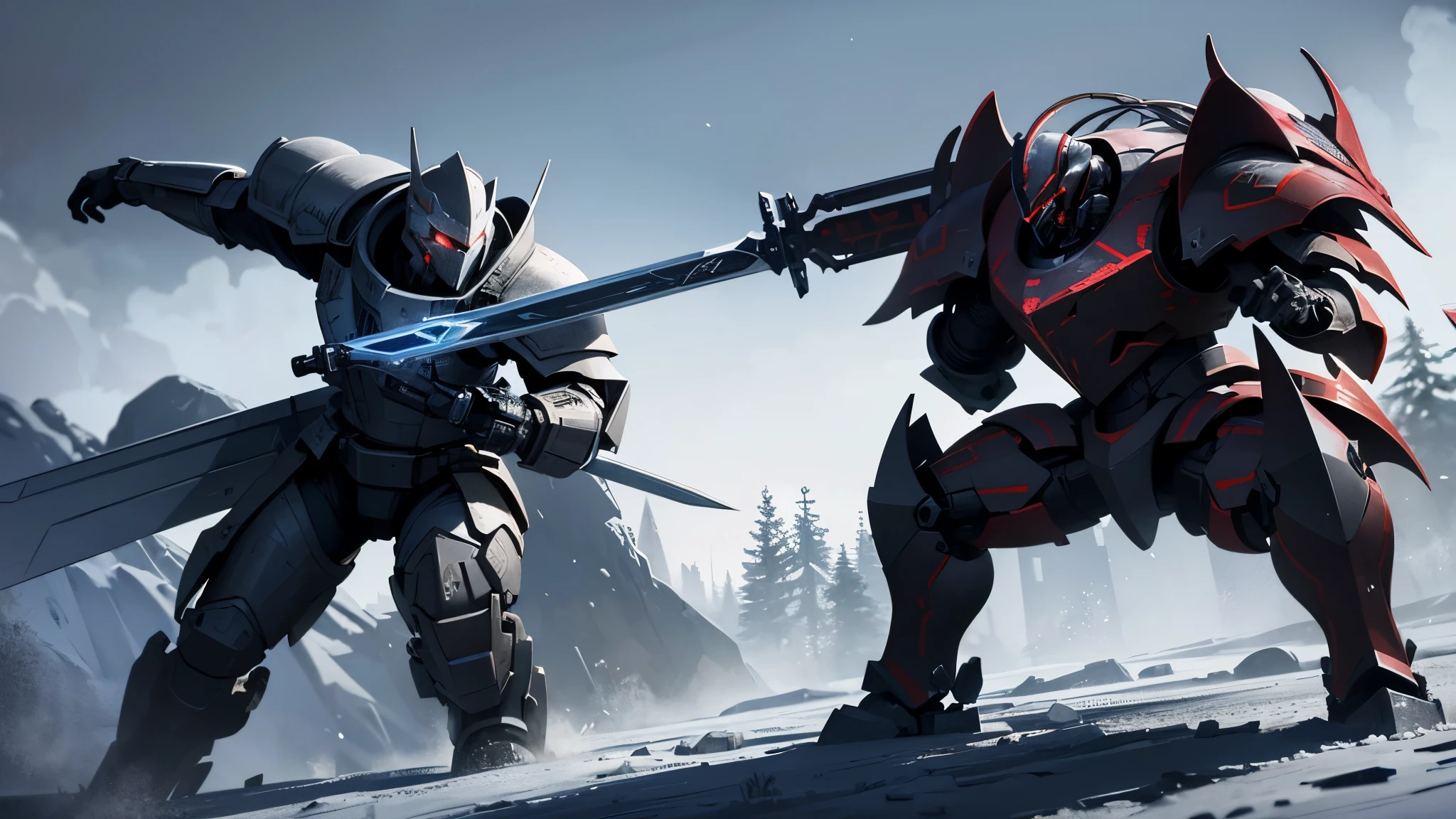 Mechknight, fighting in the snow, (Sword , black), ultra-realistic, (best quality, 4k, highres, masterpiece:1.2), ultra-detailed, professional, vivid colors, studio lighting, sharp focus, physically-based rendering, HDR, UHD, extreme detail description